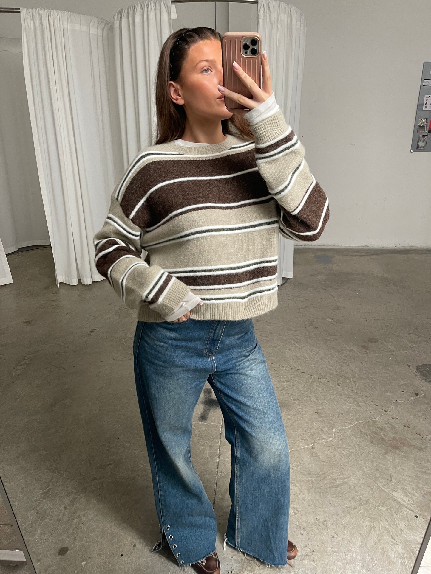 Two Coloured Striped Loose Knit Beige