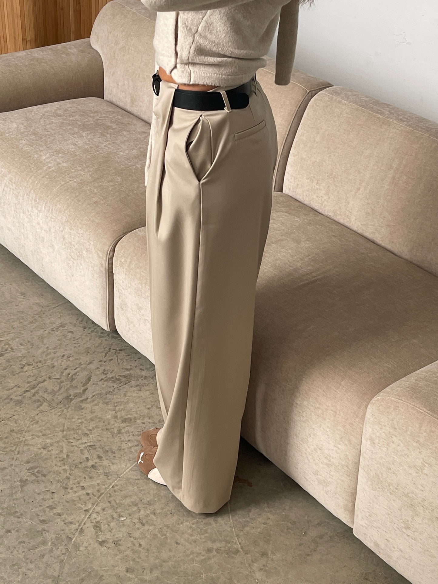Front Pleated Belted Pants Sand
