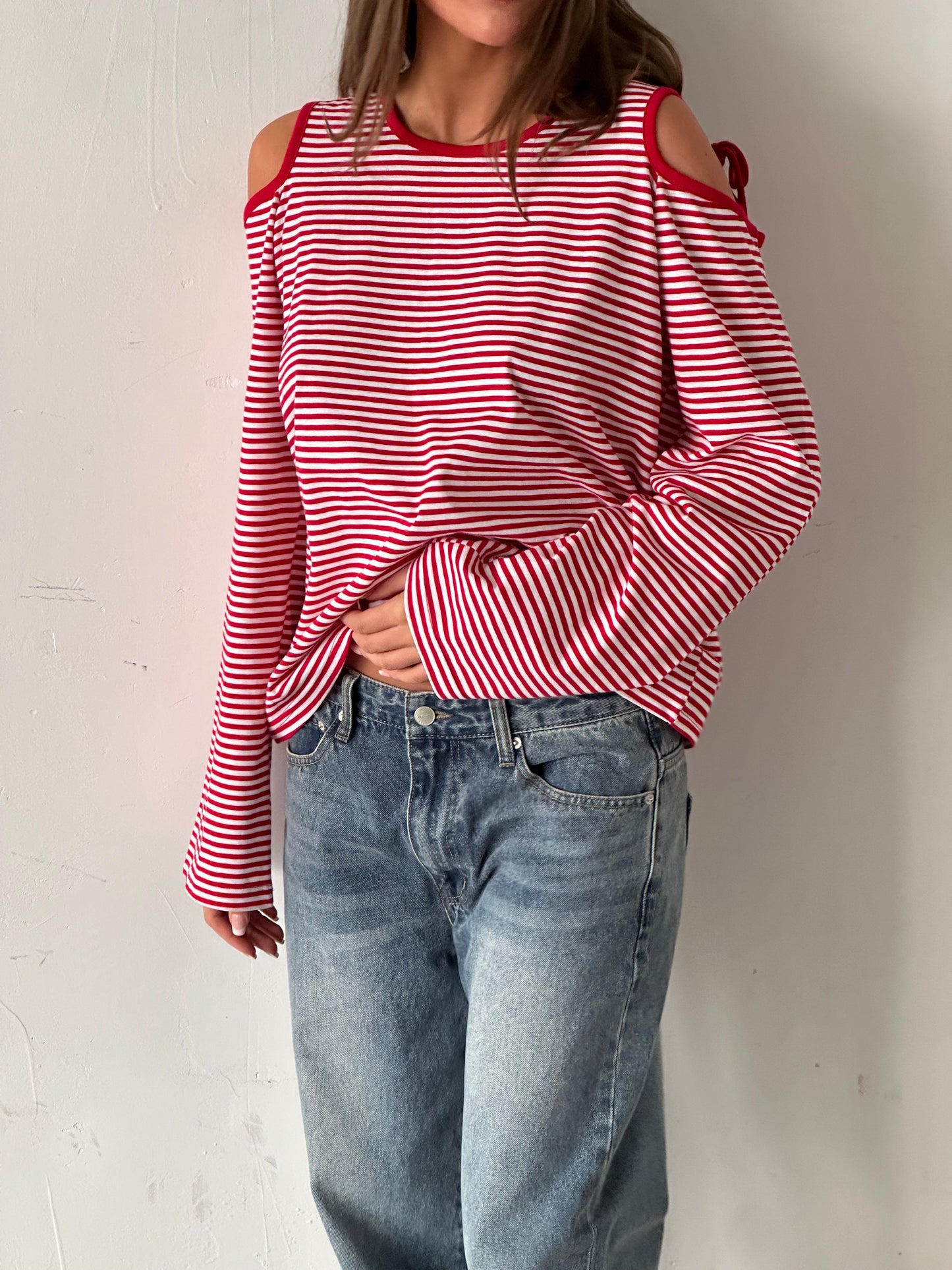 Ribbon Detail Cut Out Striped Tee Red