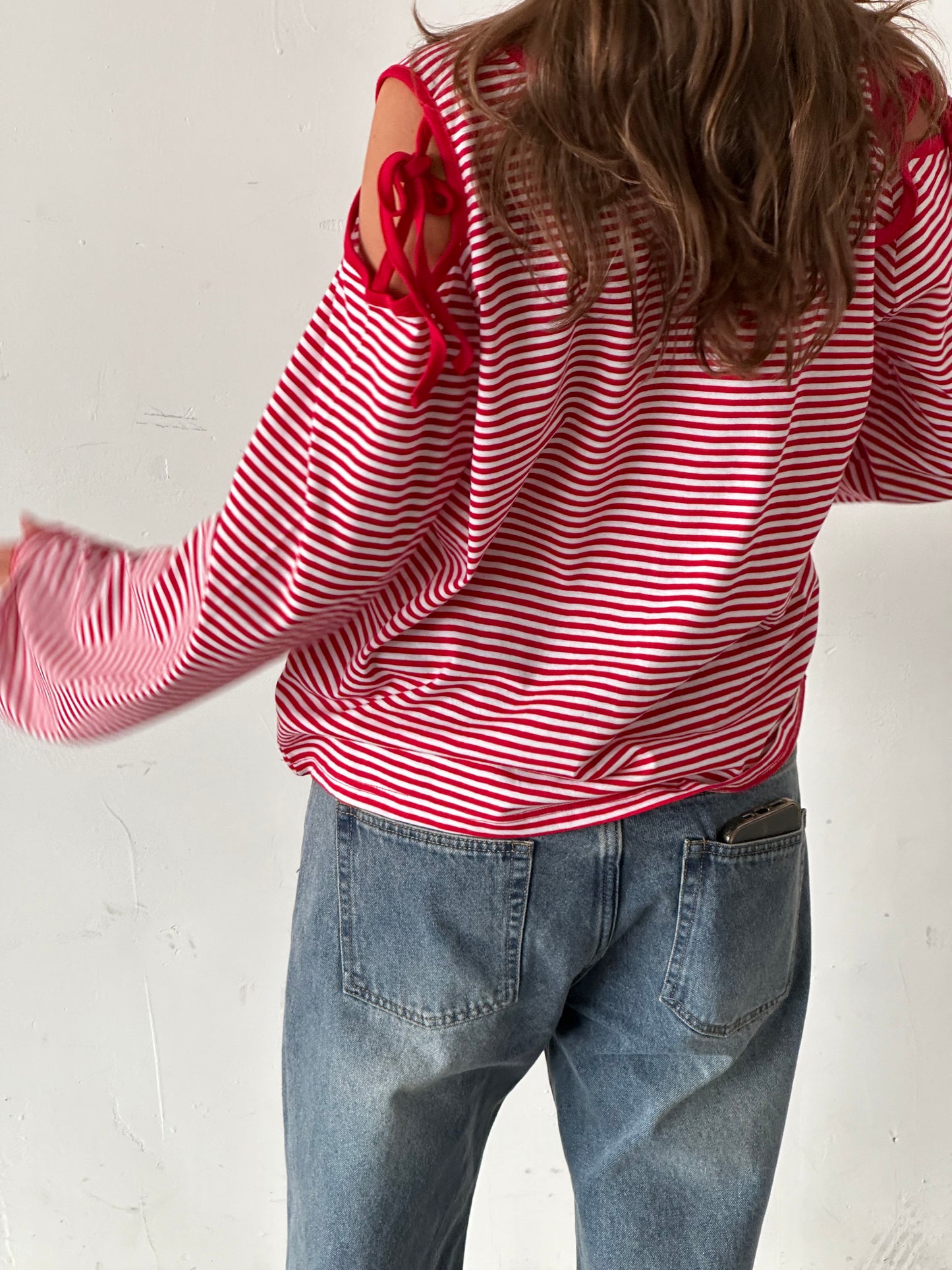 Ribbon Detail Cut Out Striped Tee Red