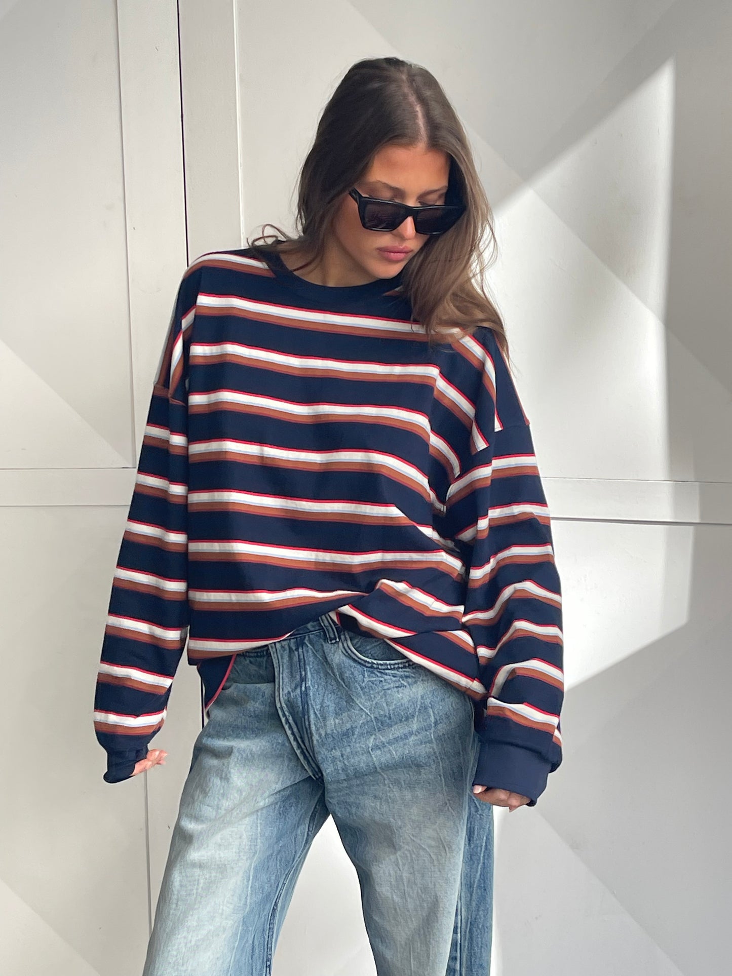Oversized Striped Longsleeve Tee Navy
