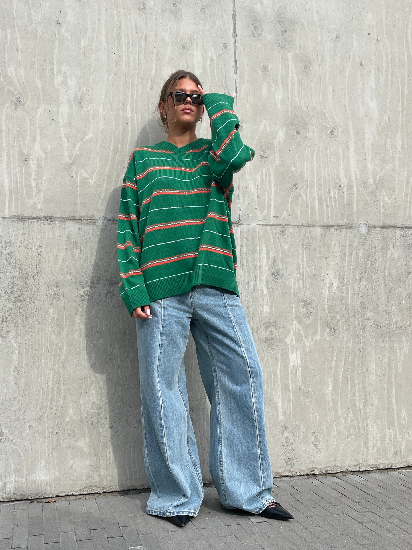 Striped Green Vneck Knit