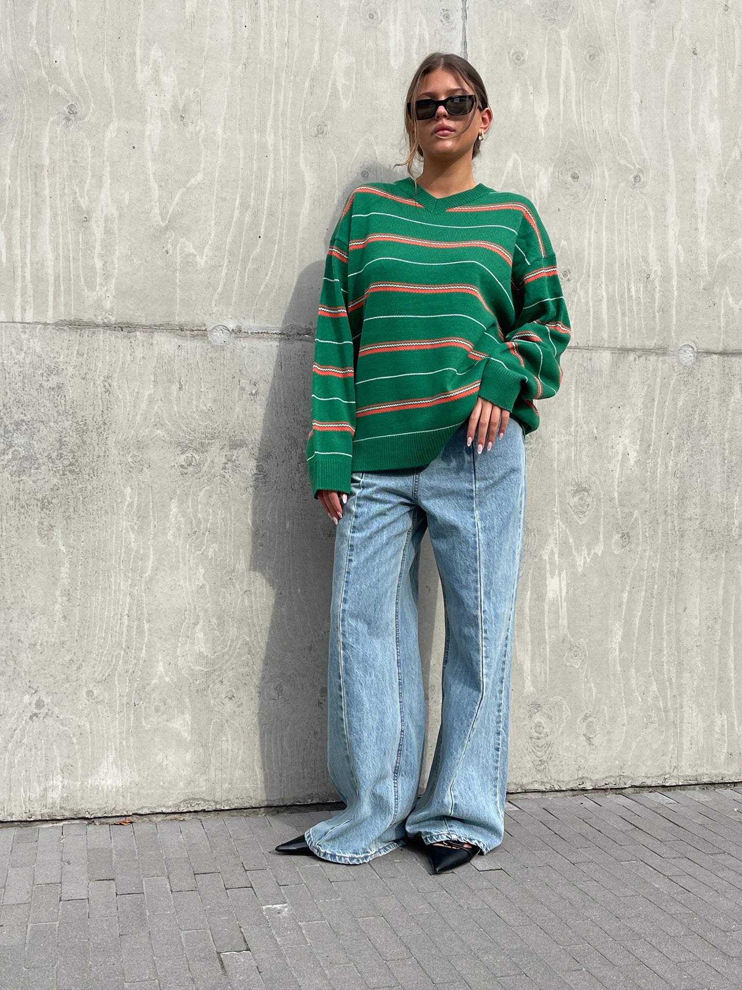Striped Green Vneck Knit