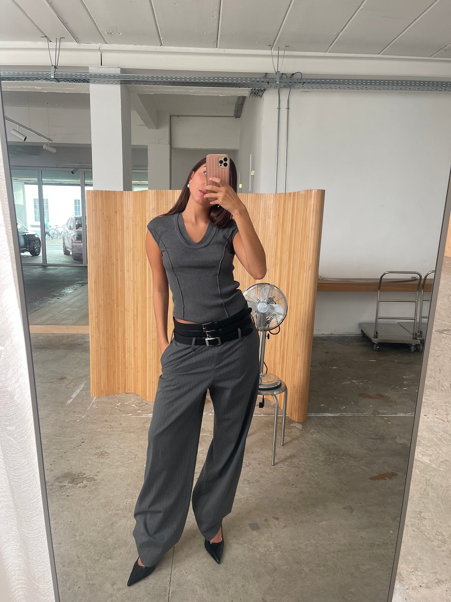 Double Collar Knit Top Charcoal