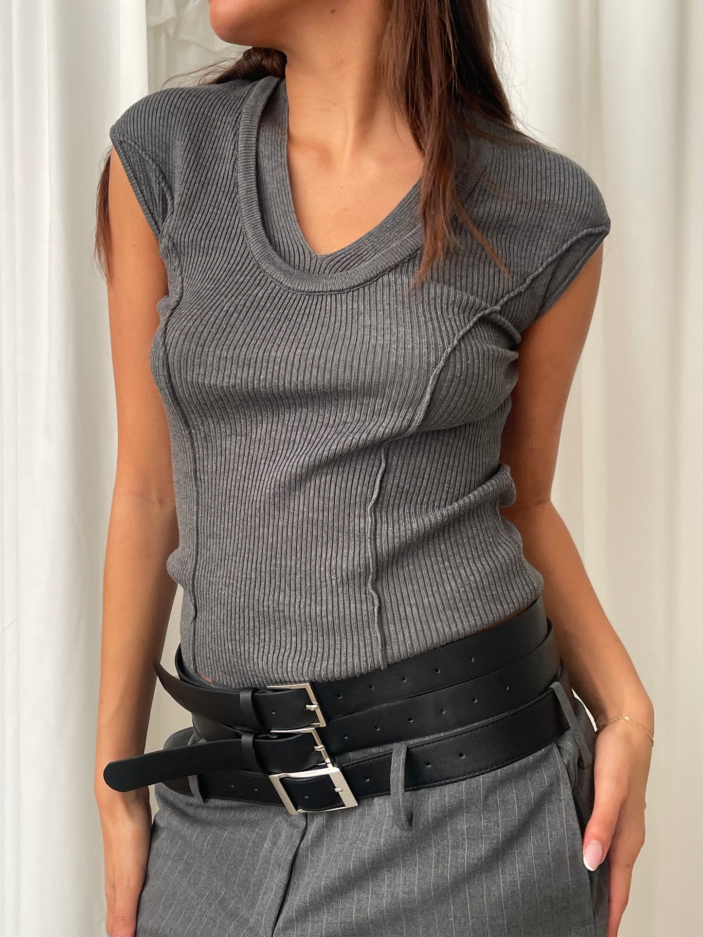 Double Collar Knit Top Charcoal
