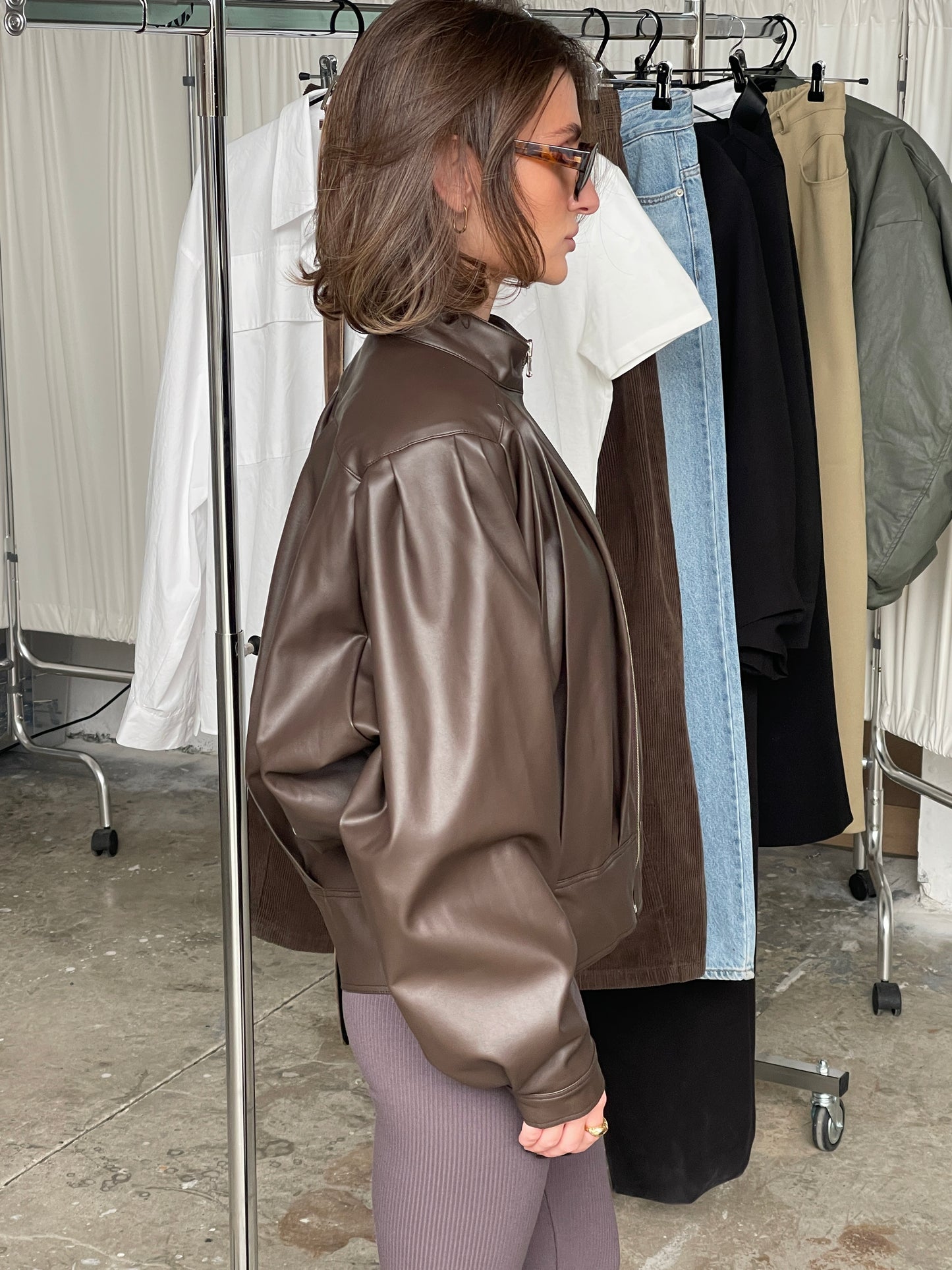 Front Pleated Faux Leather Jacket Brown