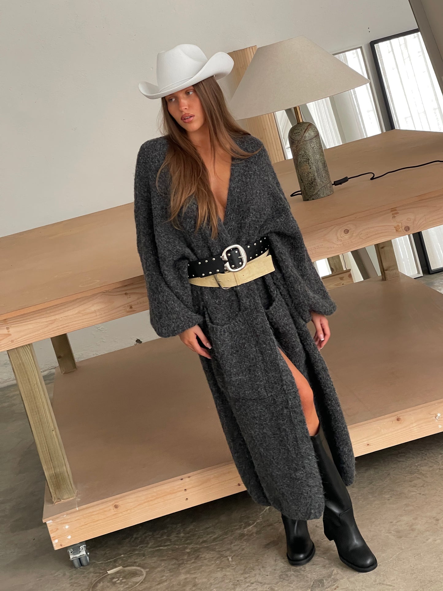 Chunky Long Knitted Cardigan Charcoal