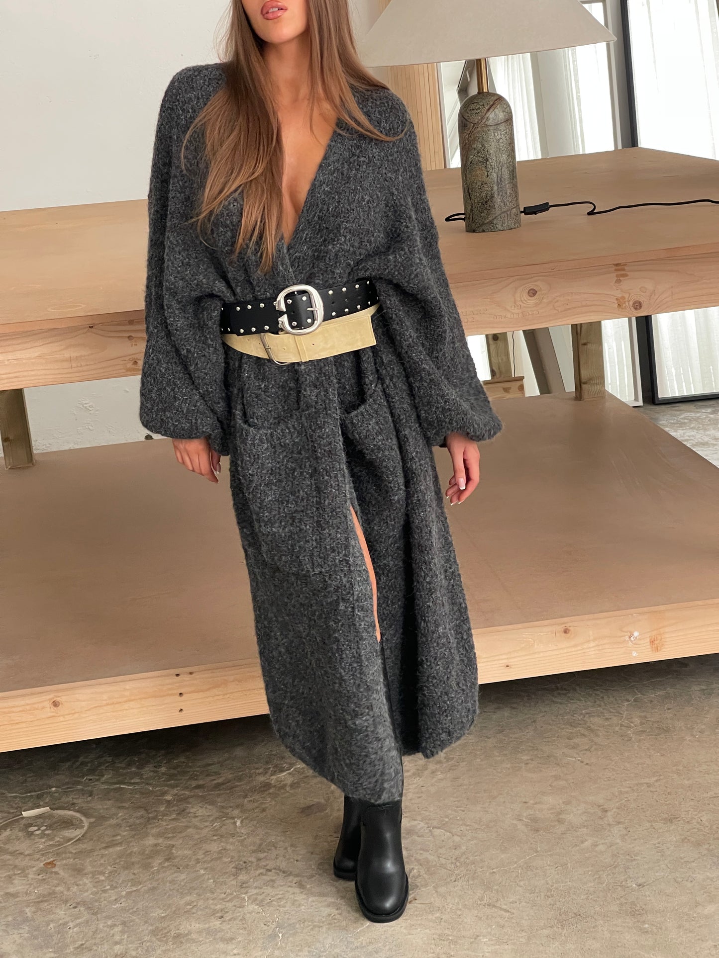 Chunky Long Knitted Cardigan Charcoal