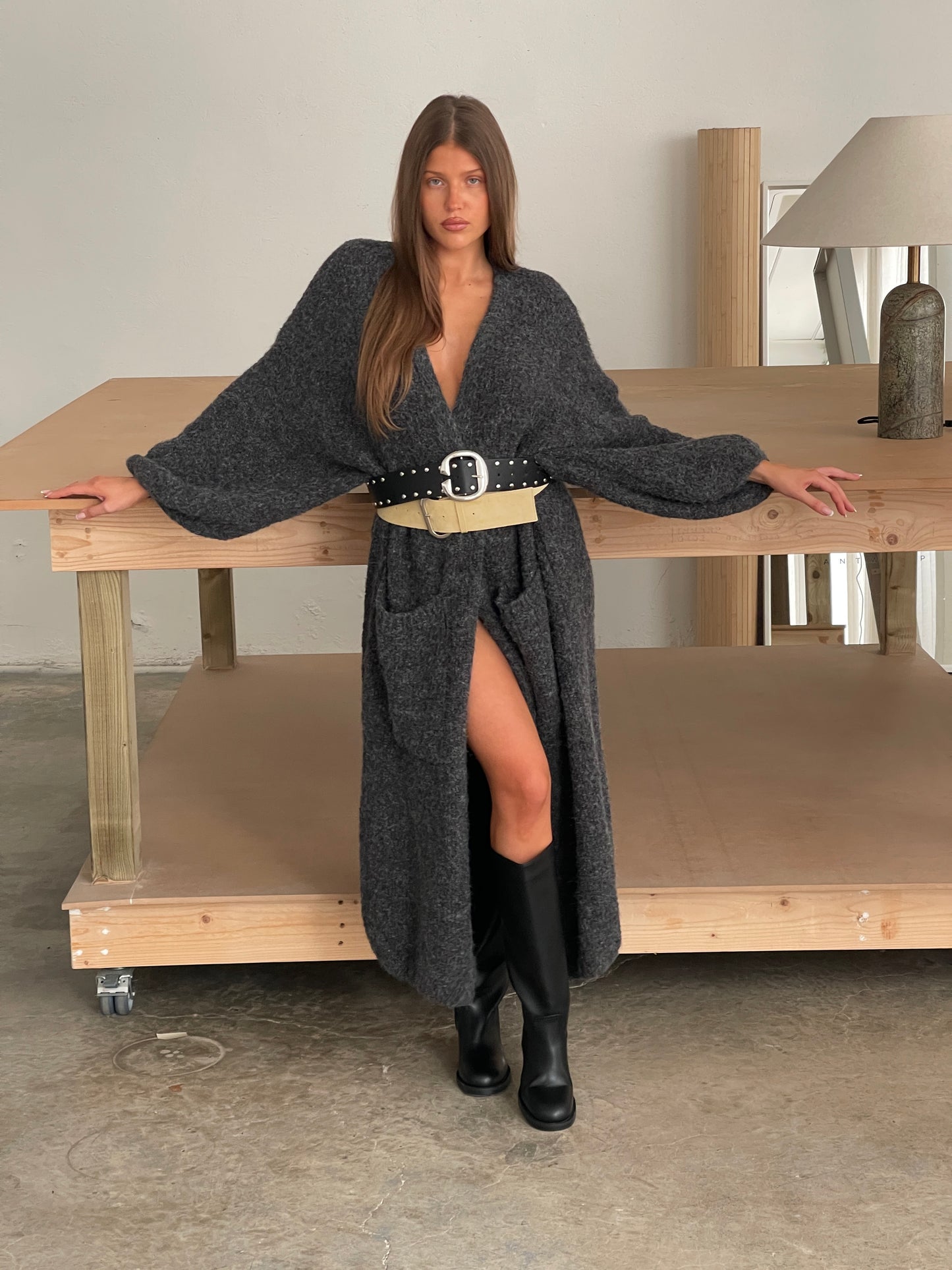 Chunky Long Knitted Cardigan Charcoal