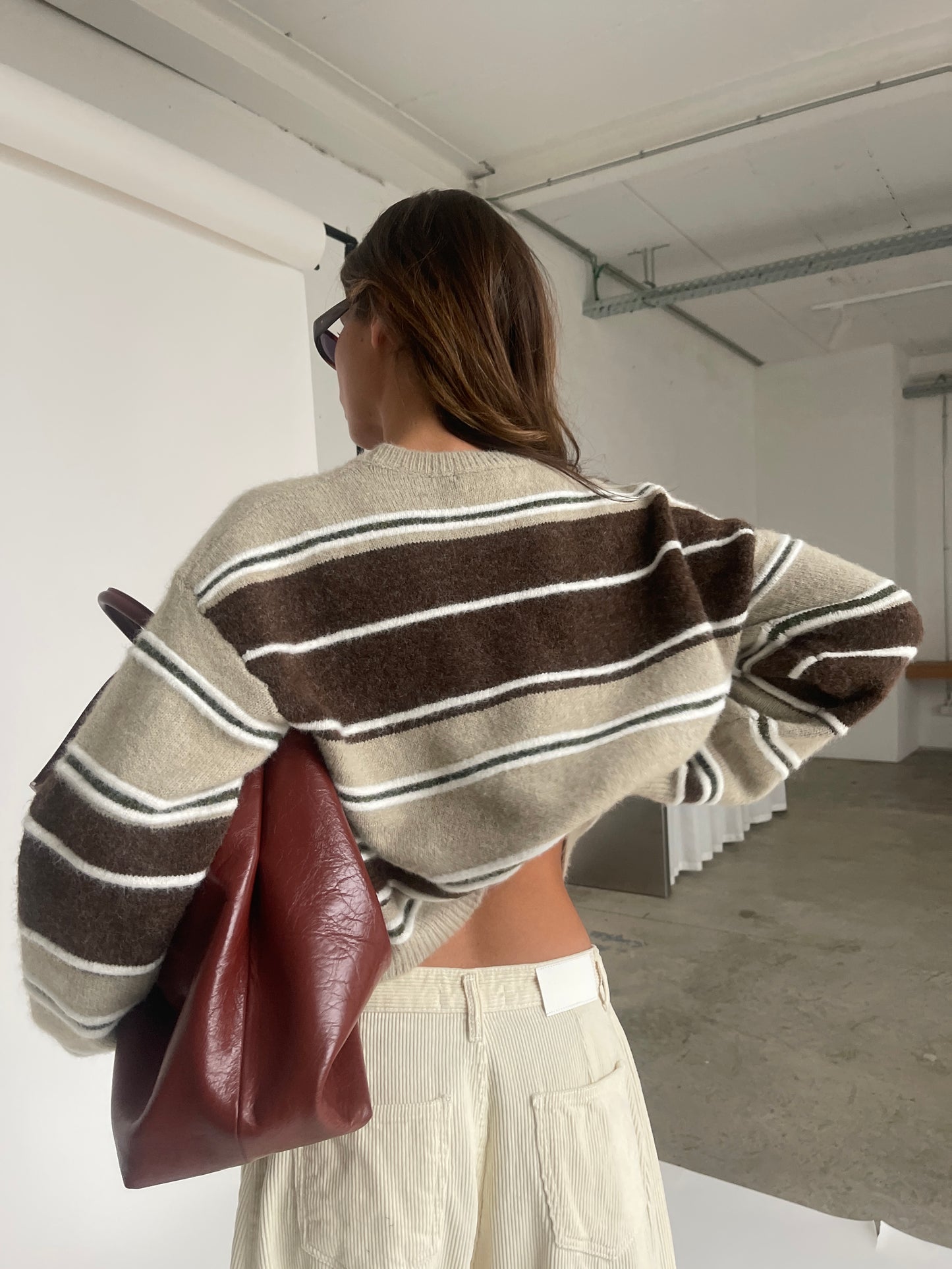 Two Coloured Striped Loose Knit Beige