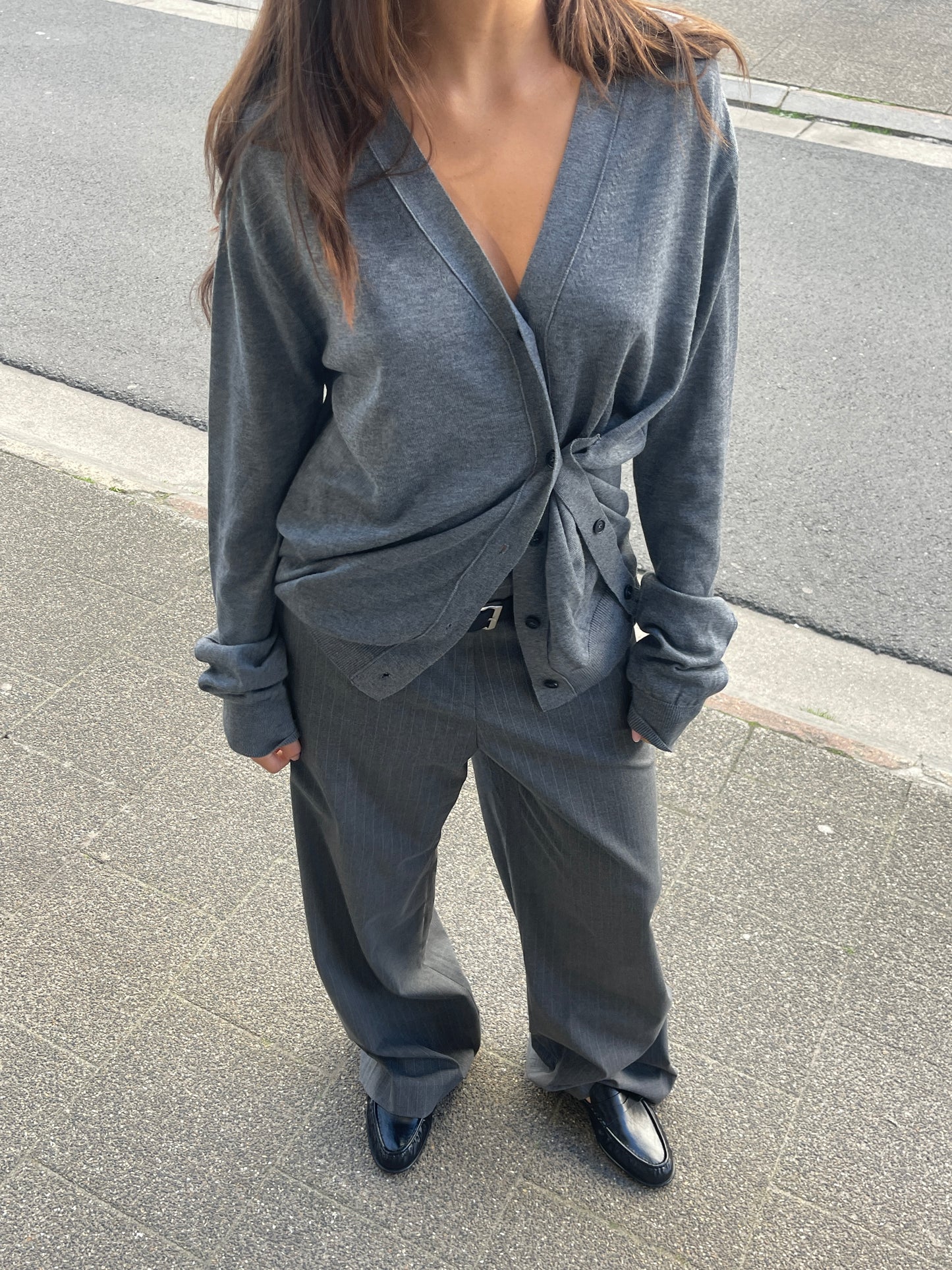 Side Buttoned Loose Cardigan Charcoal