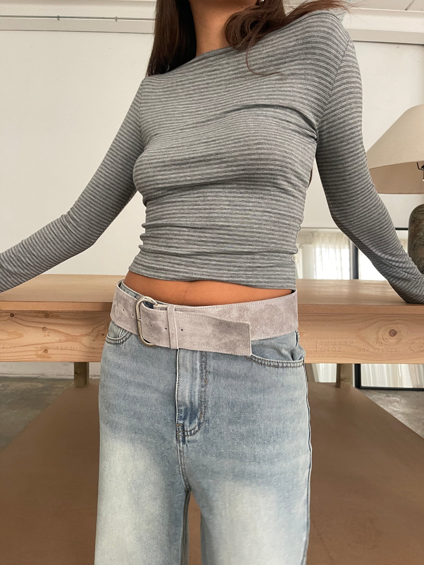 Wide Belt Grey Suede