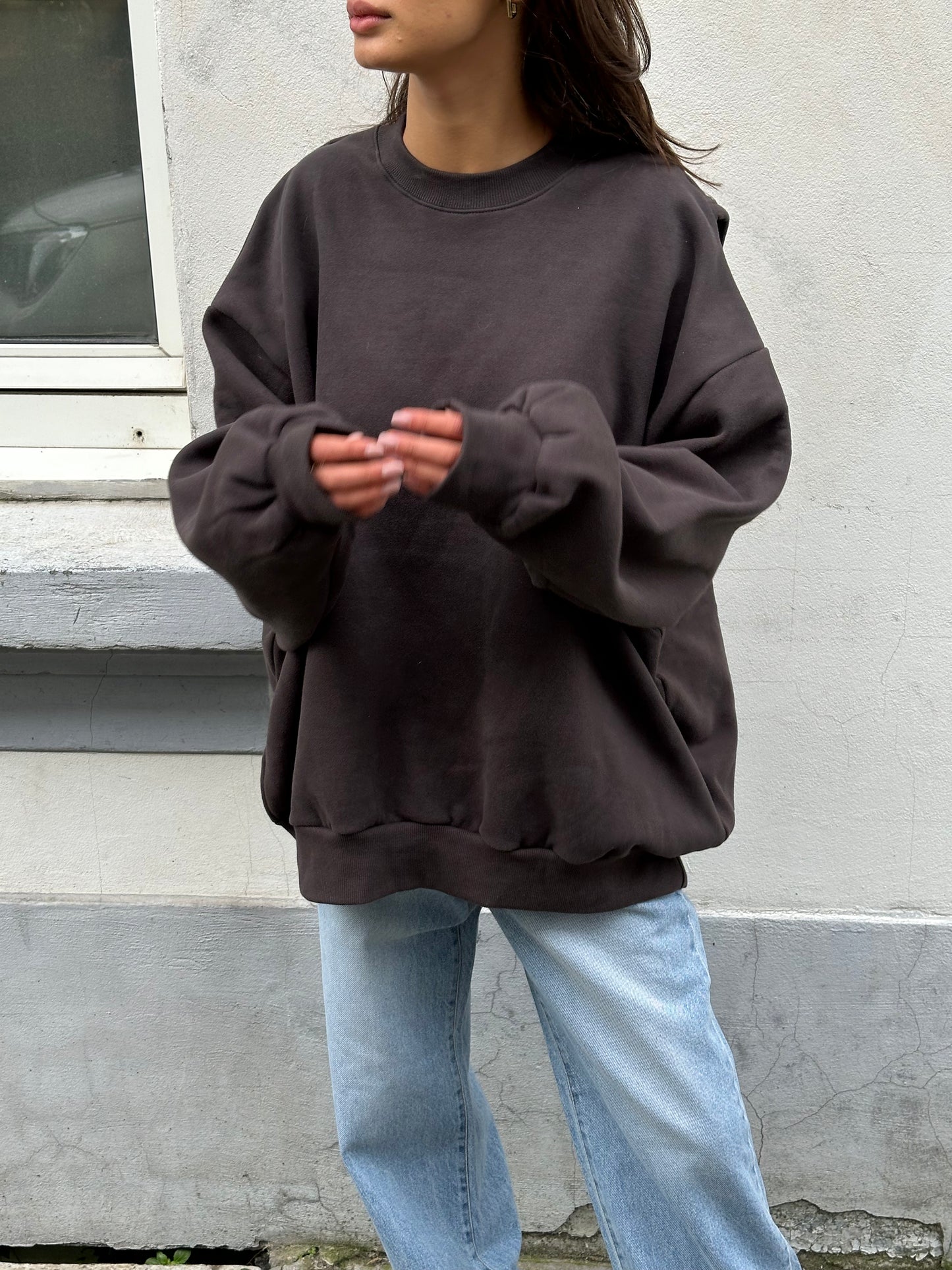 Open Back Overlay Fleeced Sweater Charcoal