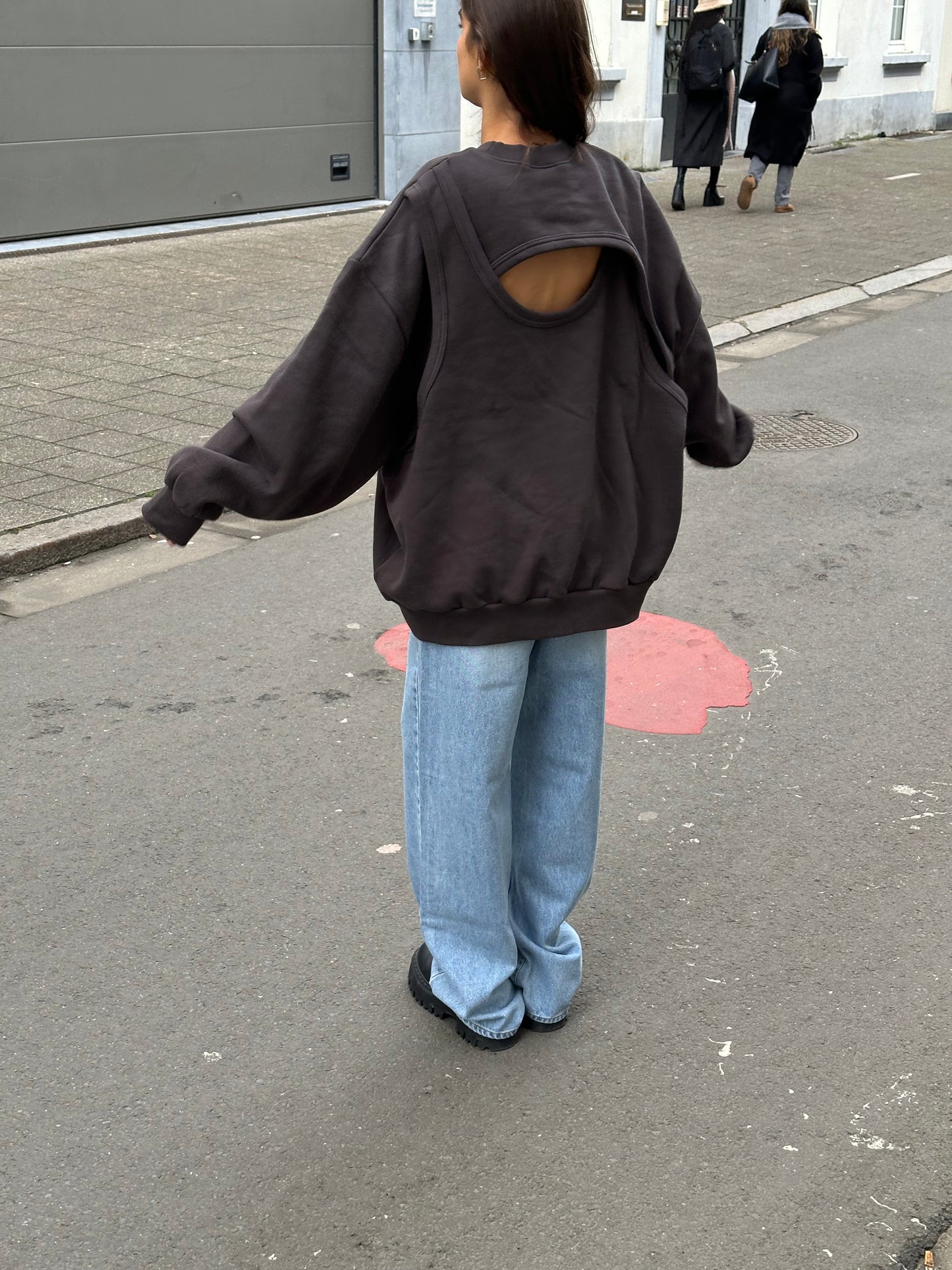 Open Back Overlay Fleeced Sweater Charcoal