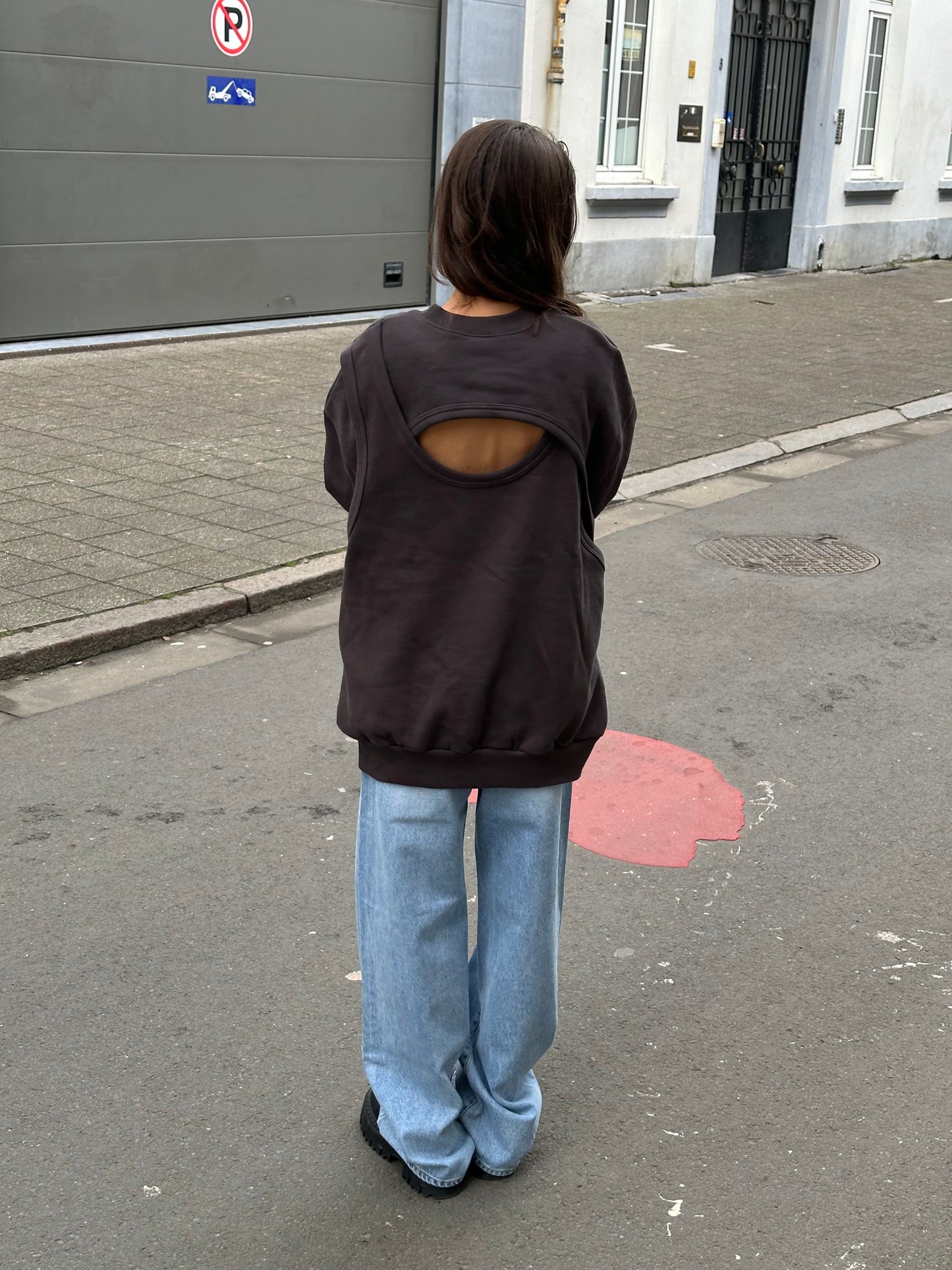 Open Back Overlay Fleeced Sweater Charcoal