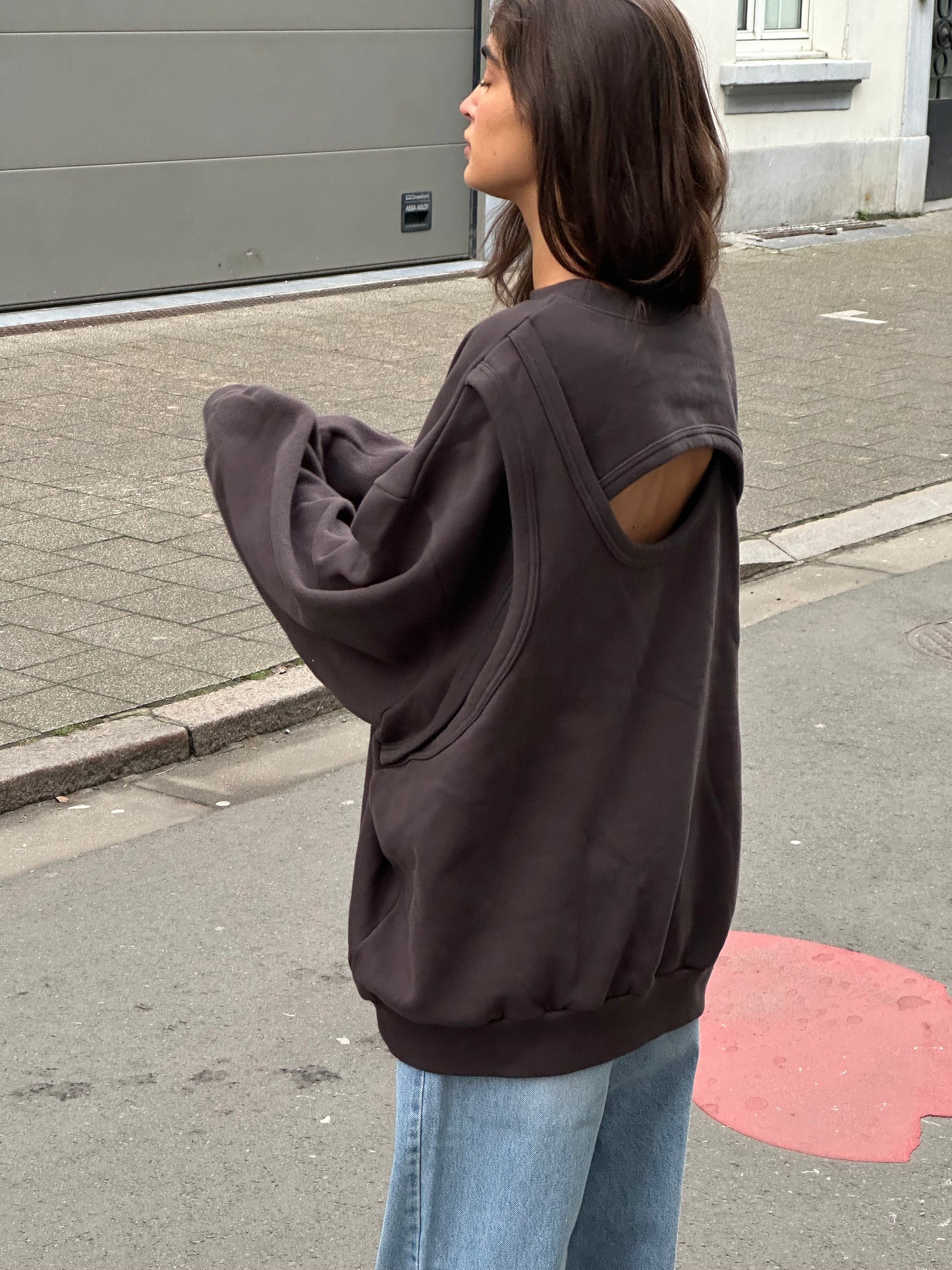 Open Back Overlay Fleeced Sweater Charcoal