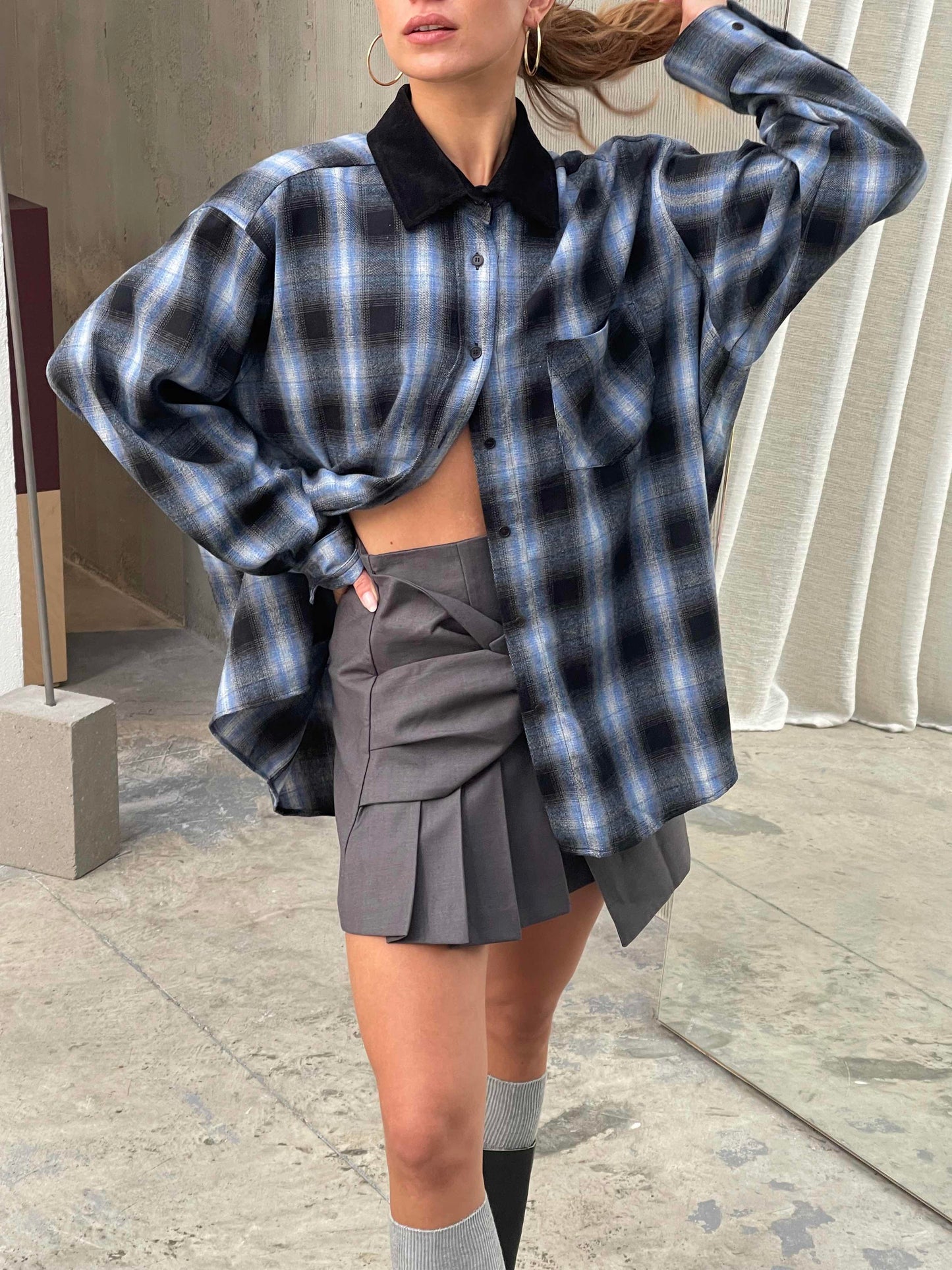 Oversized Plaid Flannel Shirt Blue