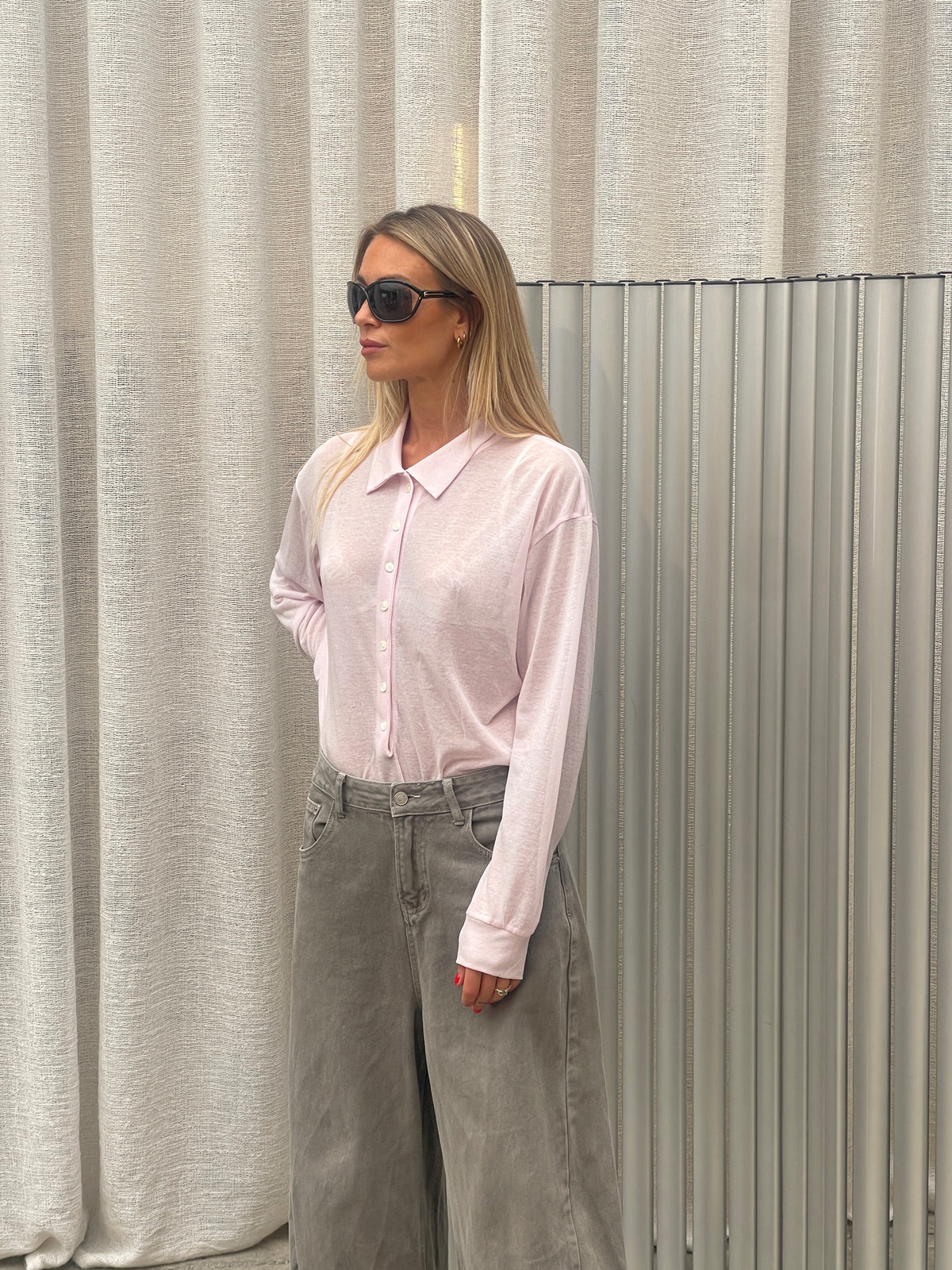 Collared Sheer Longsleeve Top Baby Pink