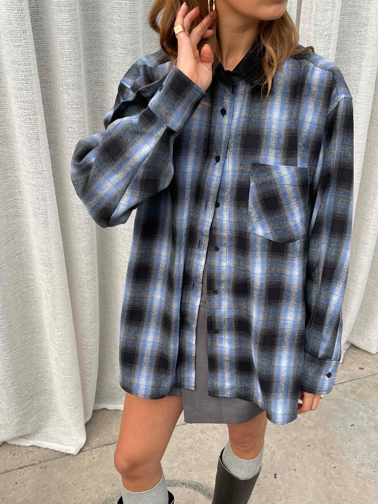 Oversized Plaid Flannel Shirt Blue