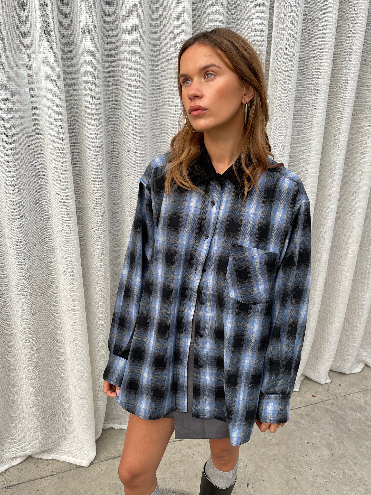 Oversized Plaid Flannel Shirt Blue