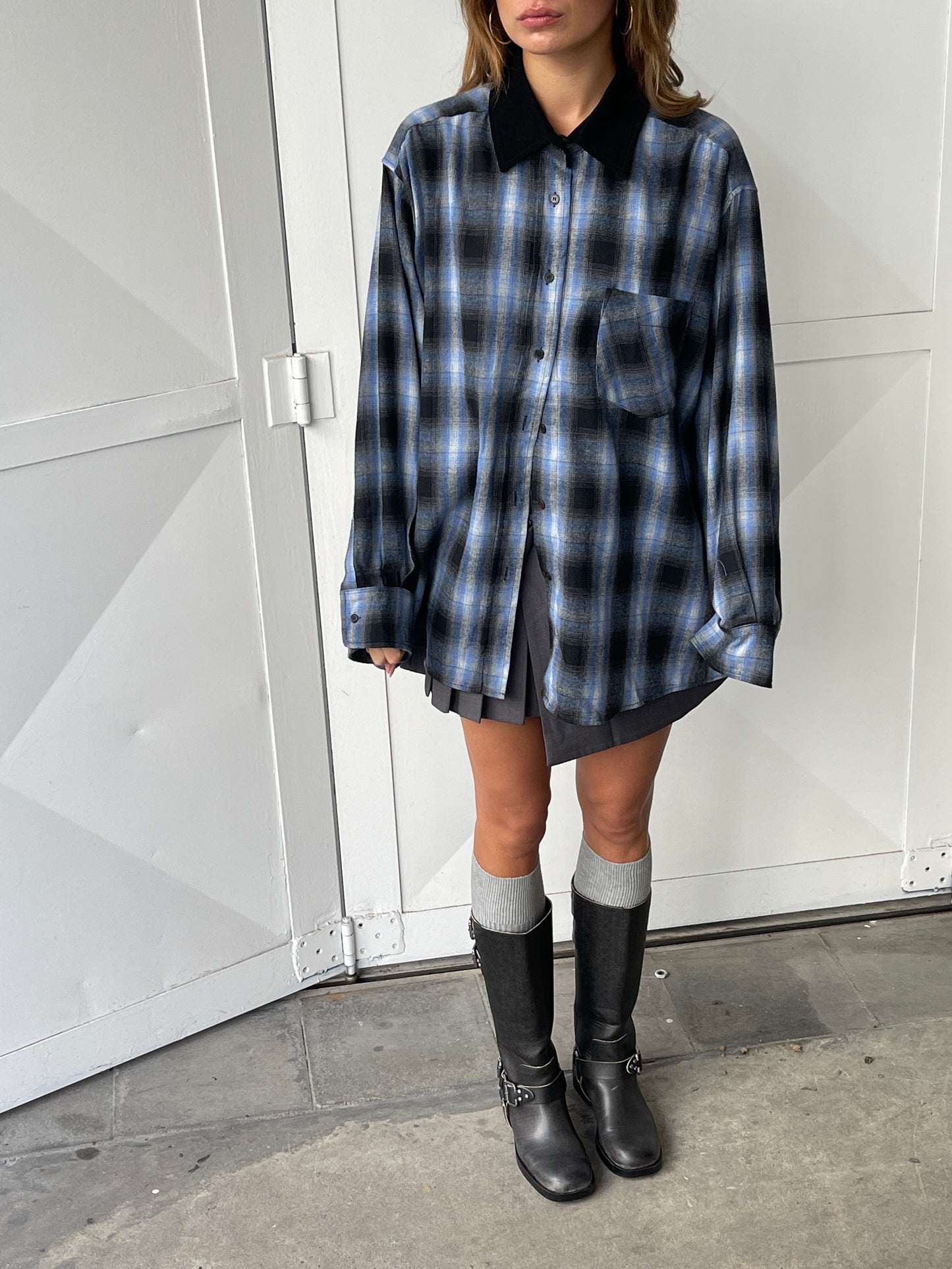 Oversized Plaid Flannel Shirt Blue