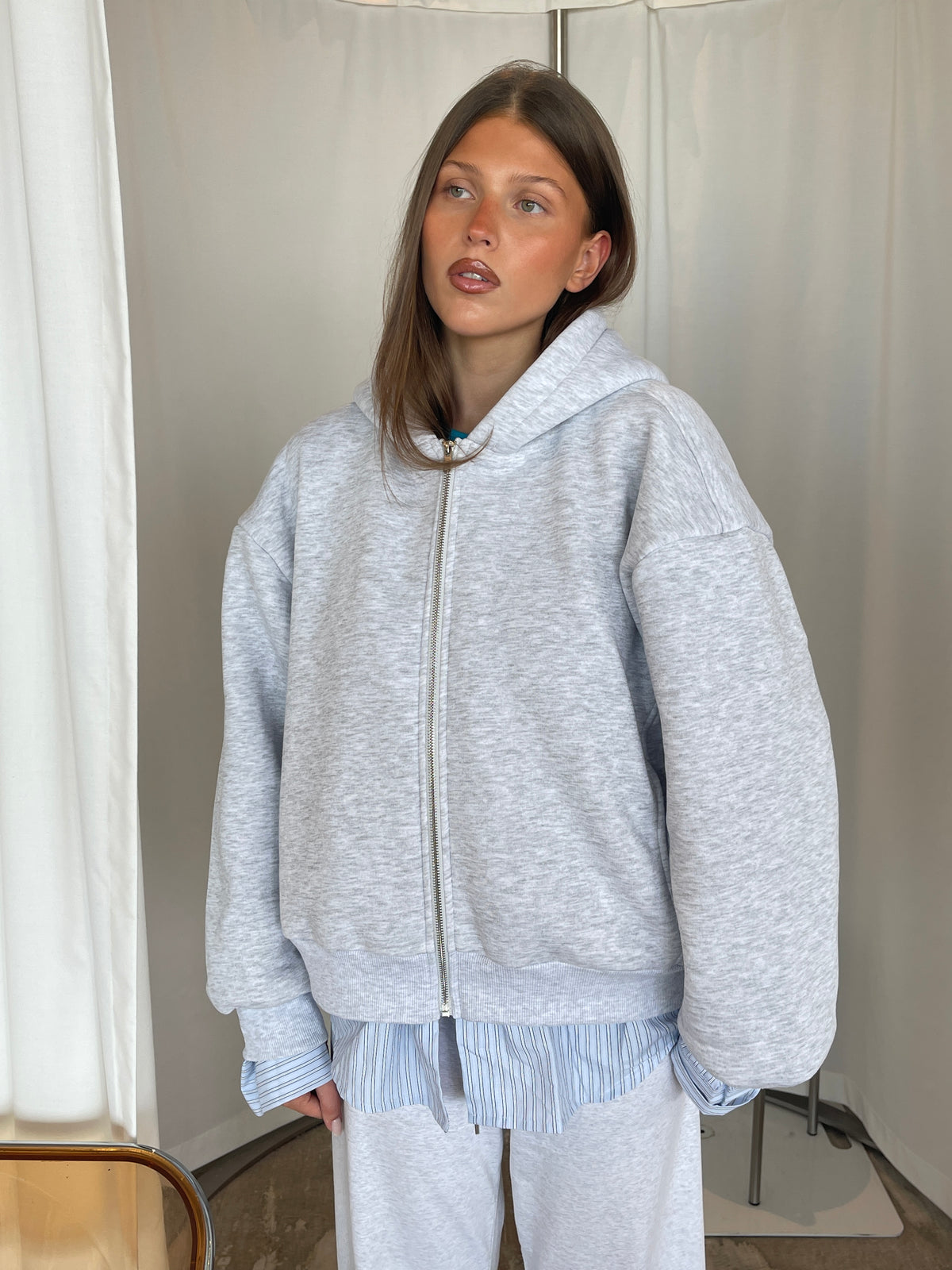 Shirt Detail Zipped Hoodie Grey