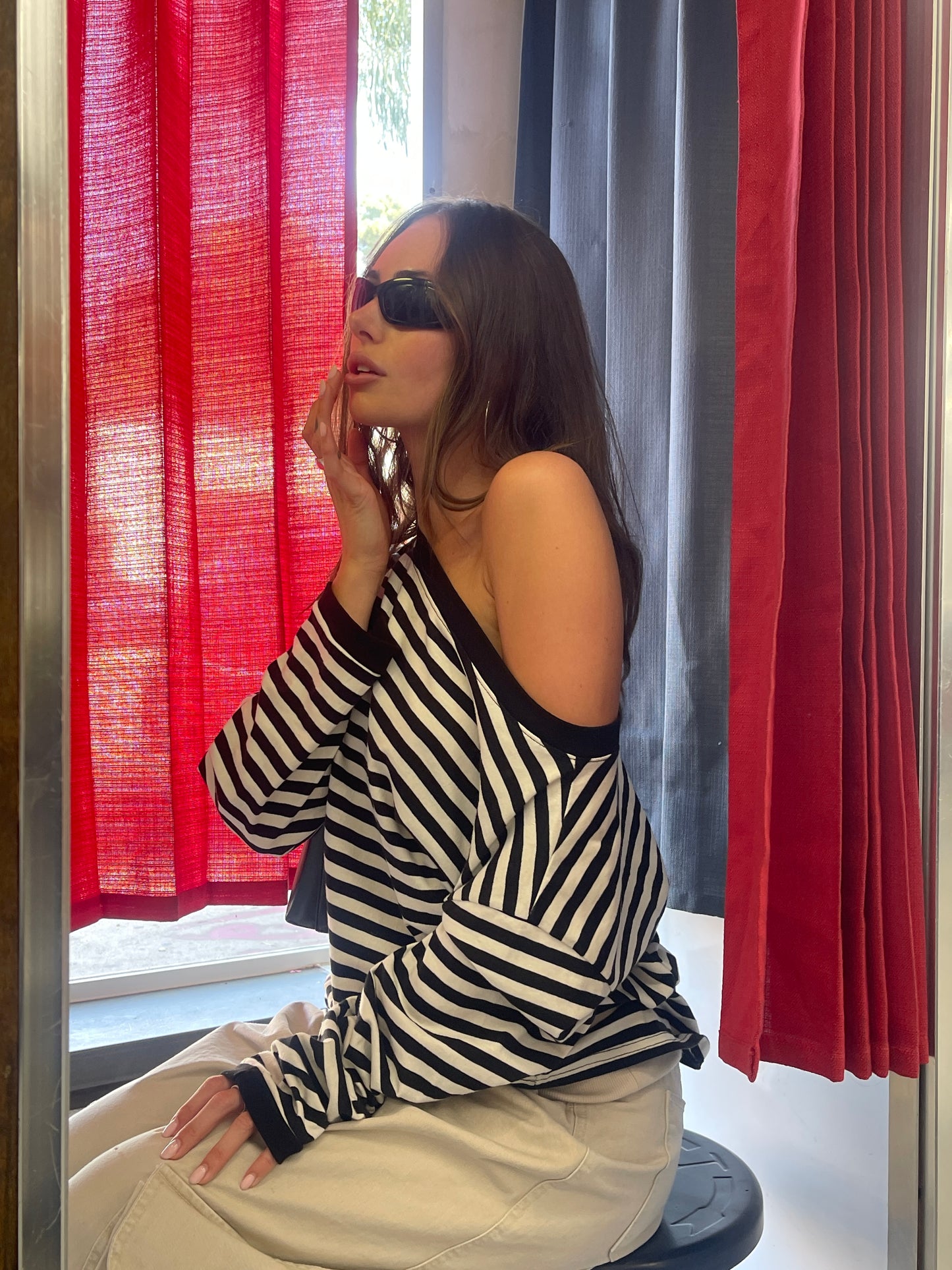 Striped Off Shoulder Long Sleeve Tee Black and White