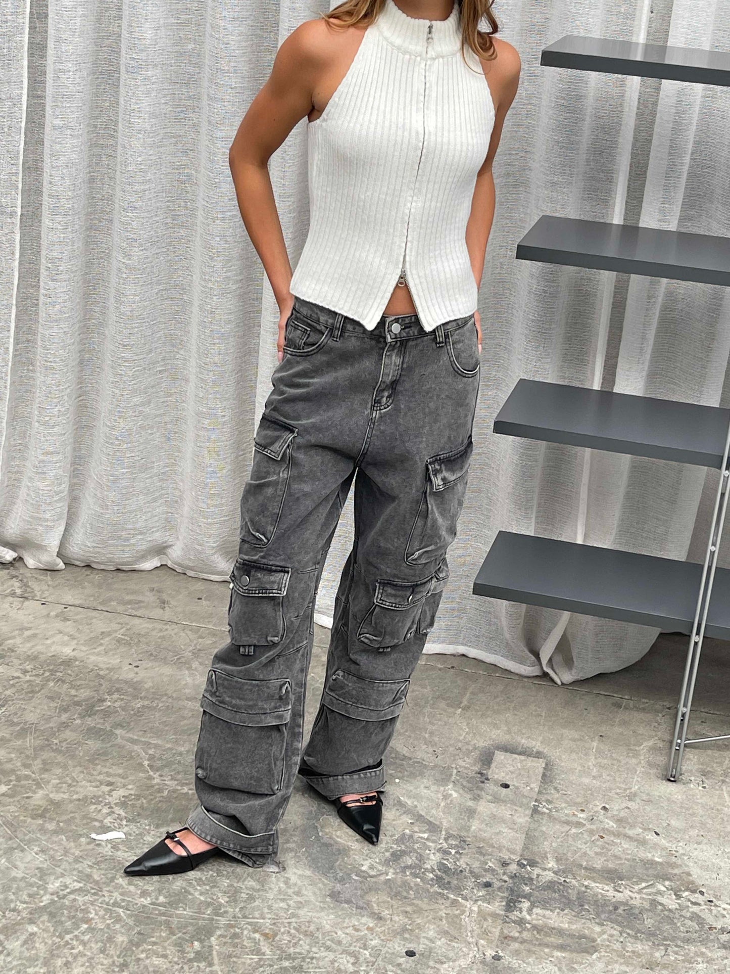 Multi Pocket Cargo Jeans Faded Black