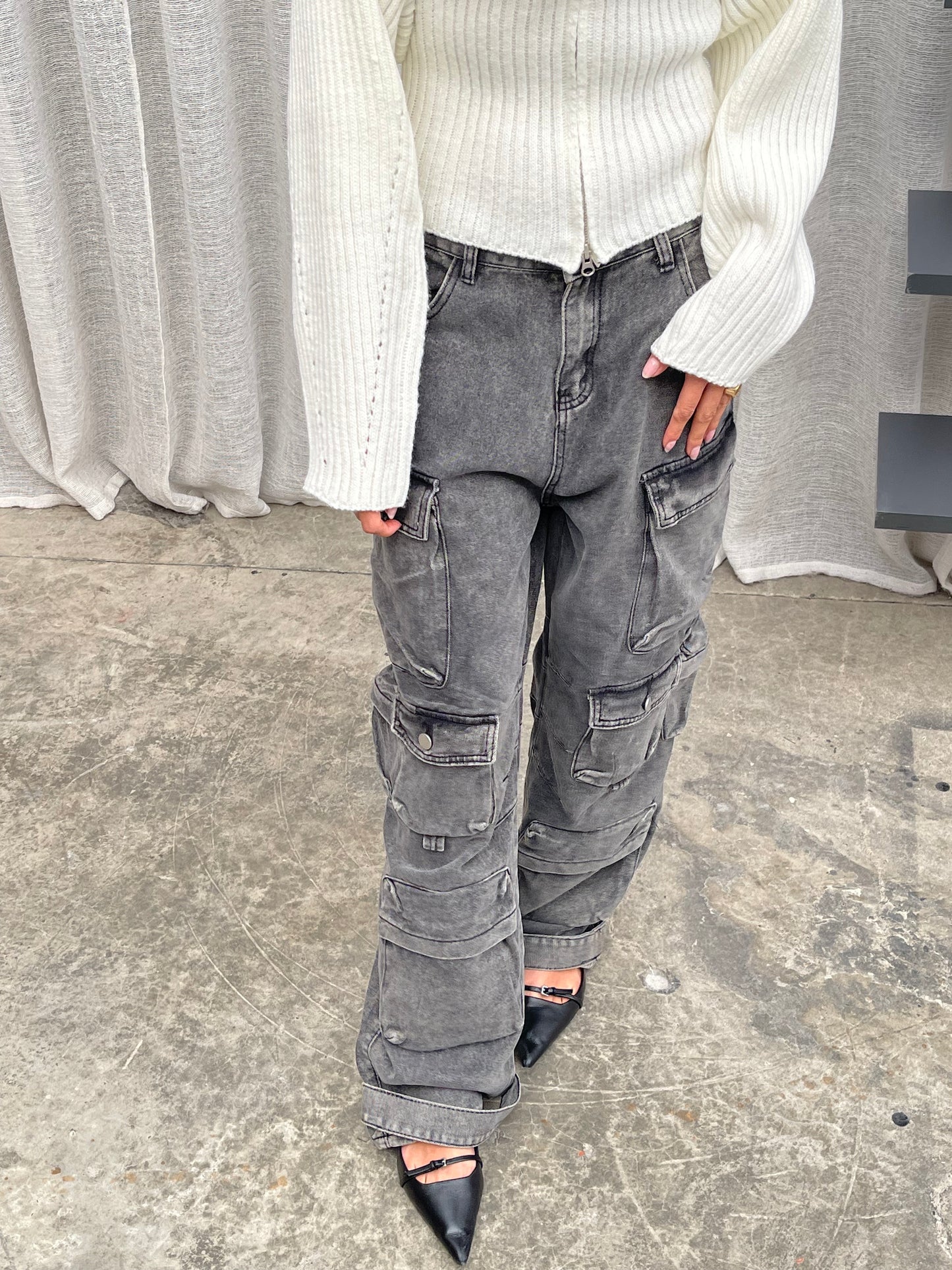 Multi Pocket Cargo Jeans Faded Black