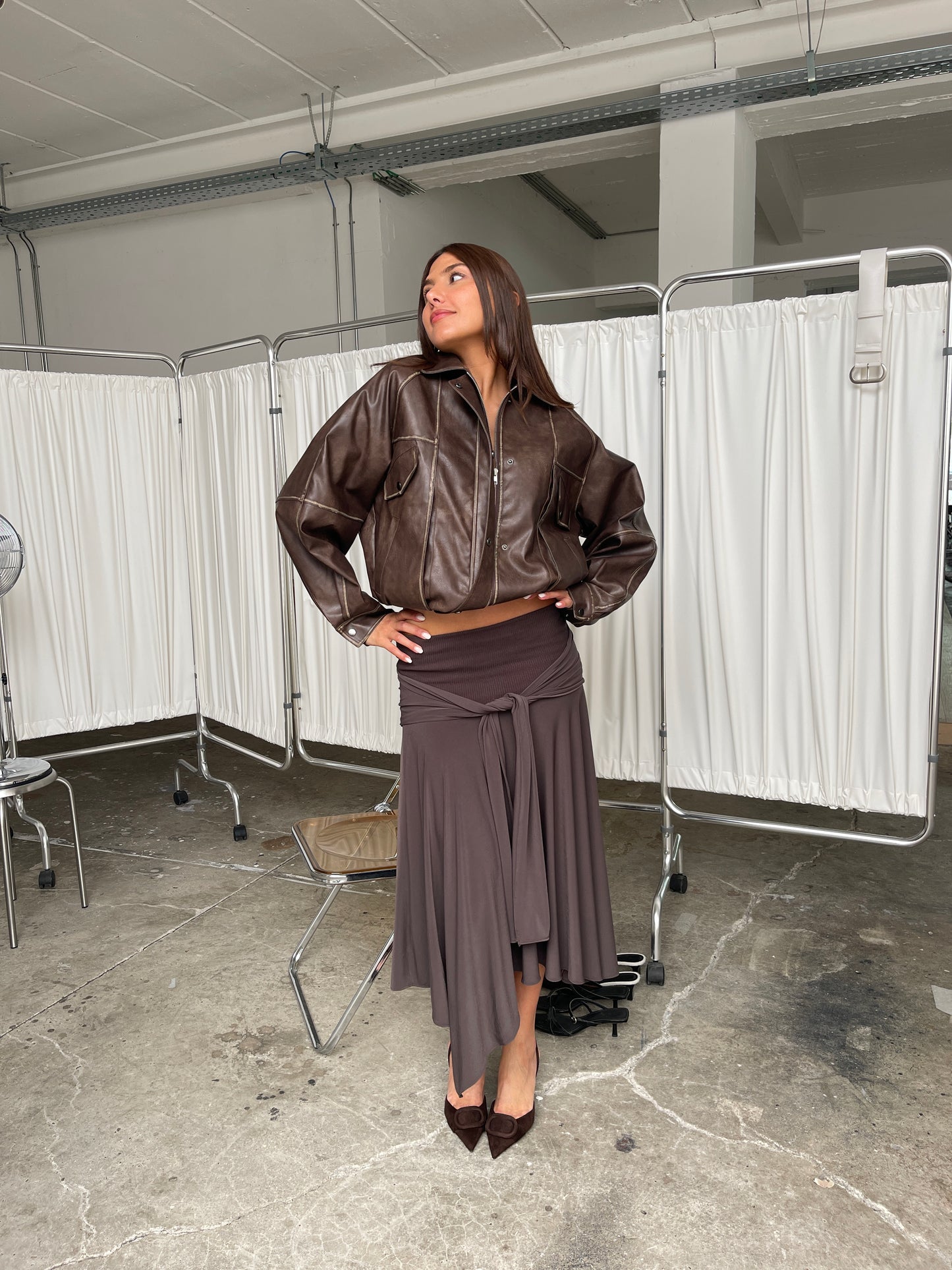 Belted Detail Flowy Midi Skirt Brown