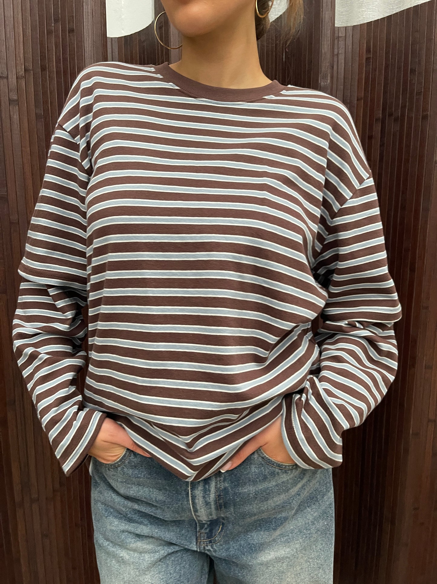 Striped Double Sleeve Tee Brown