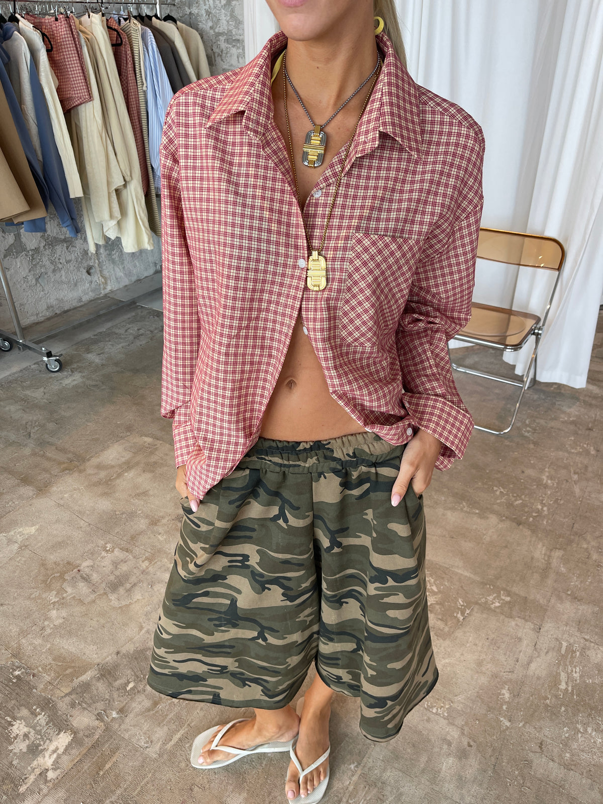 Oversized Checked Shirt Cherry Red