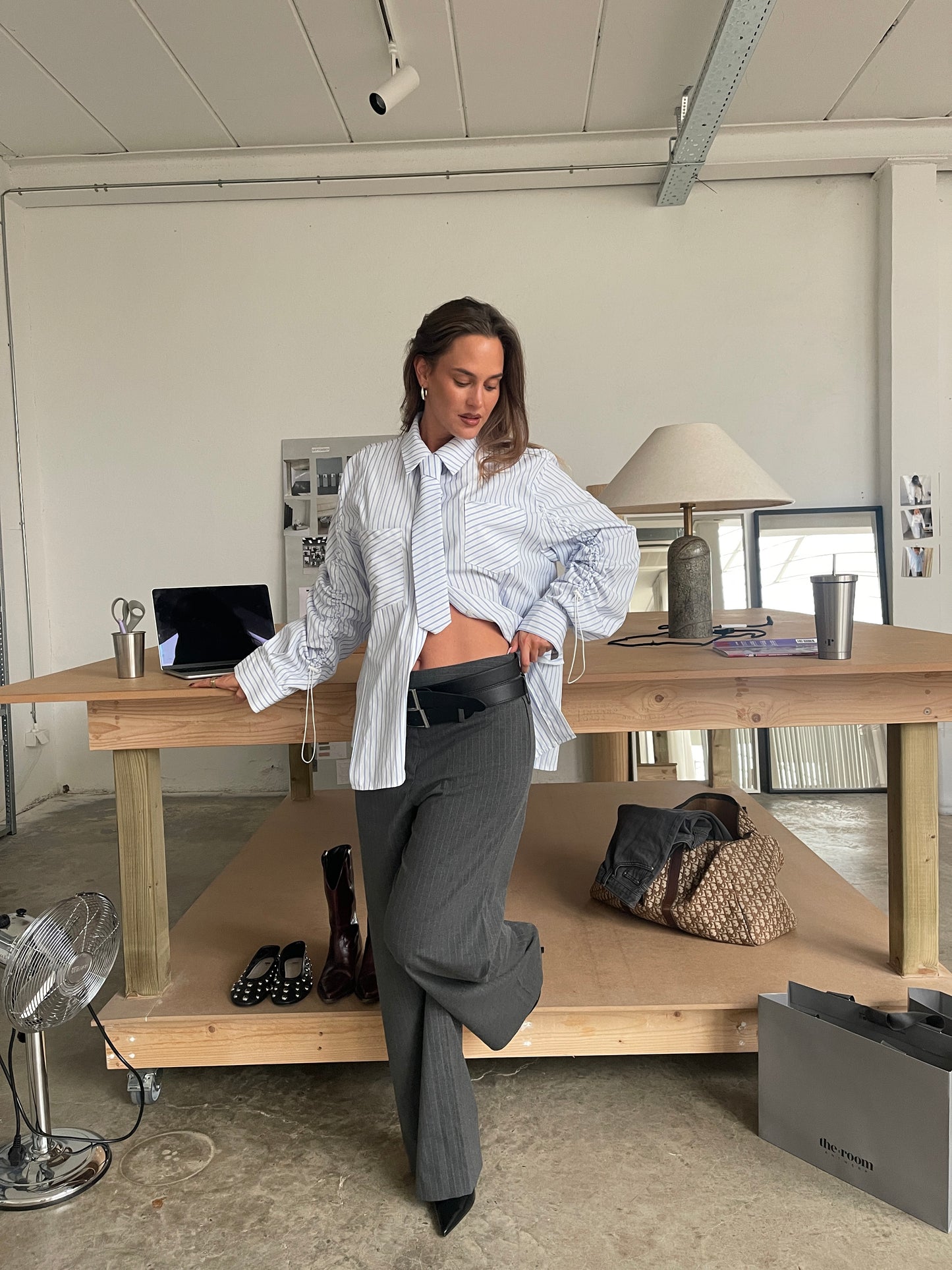 Oversized Striped Drawstring Shirt With Tie