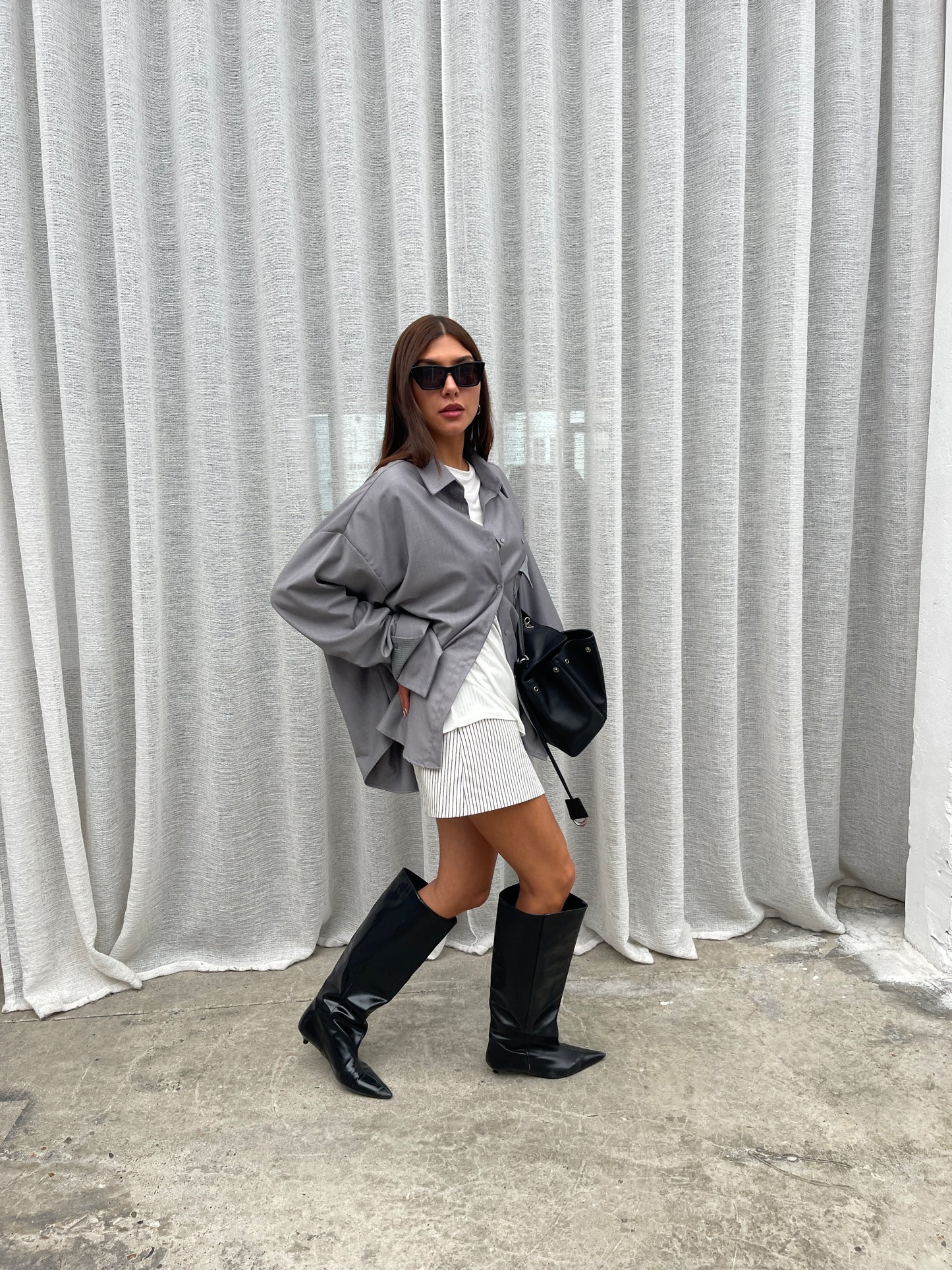 Oversized Front Pocket Detail Shirt Grey