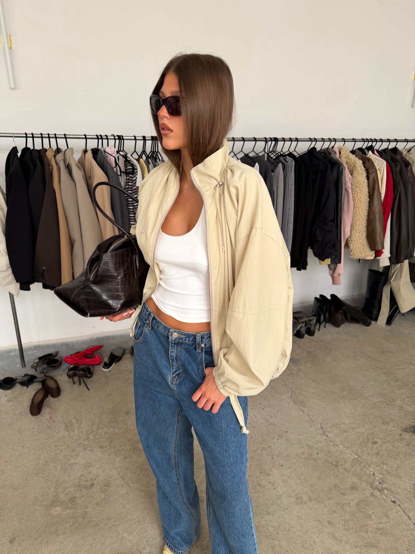 Drawstring Funnel Neck Jacket Soft Sand