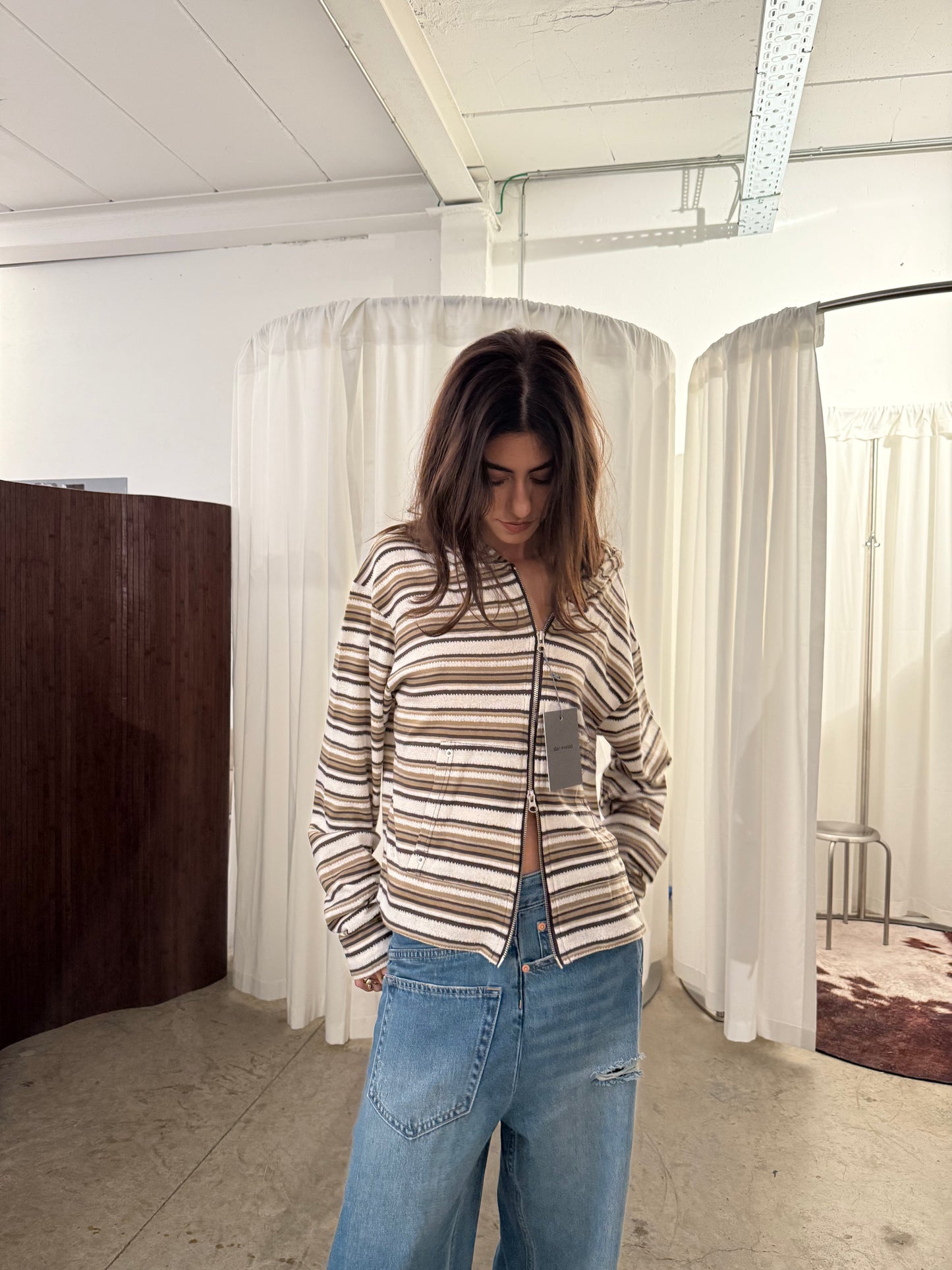 Knitted Striped Zip Hoodie Light Brown