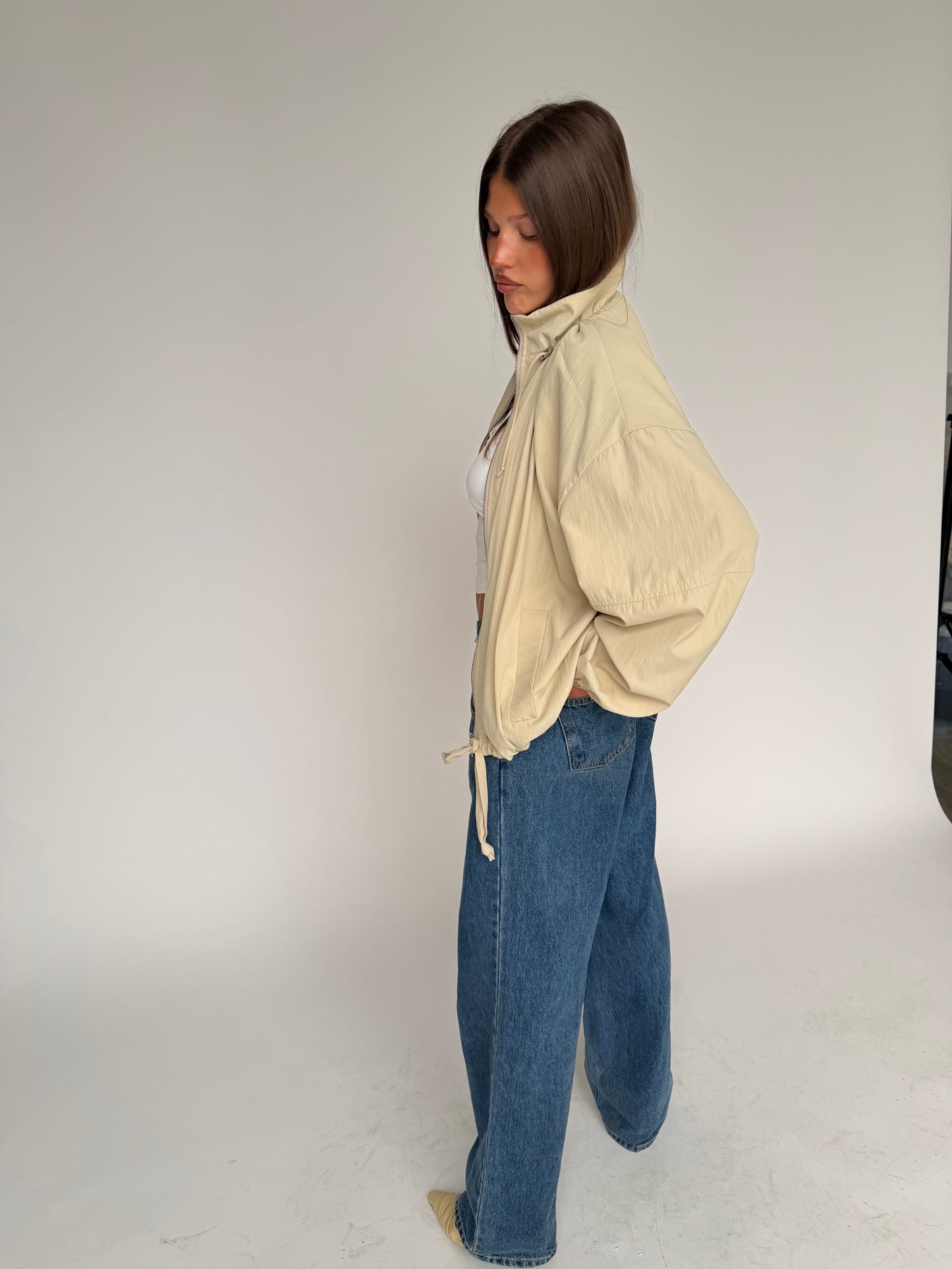 Drawstring Funnel Neck Jacket Soft Sand