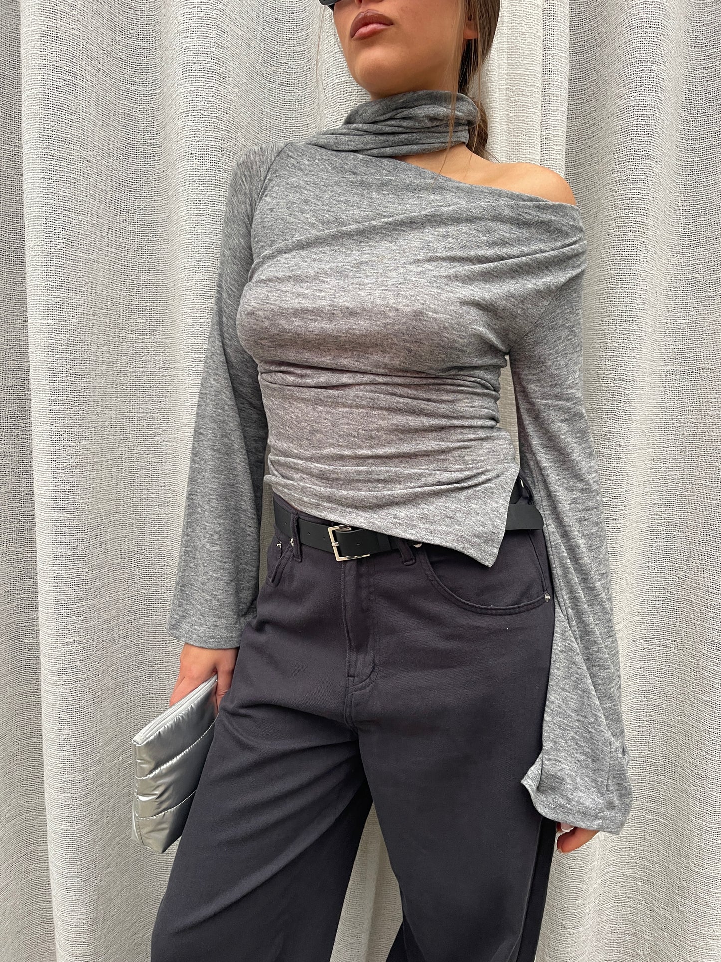 Wrapped Scarf Detail Top Grey