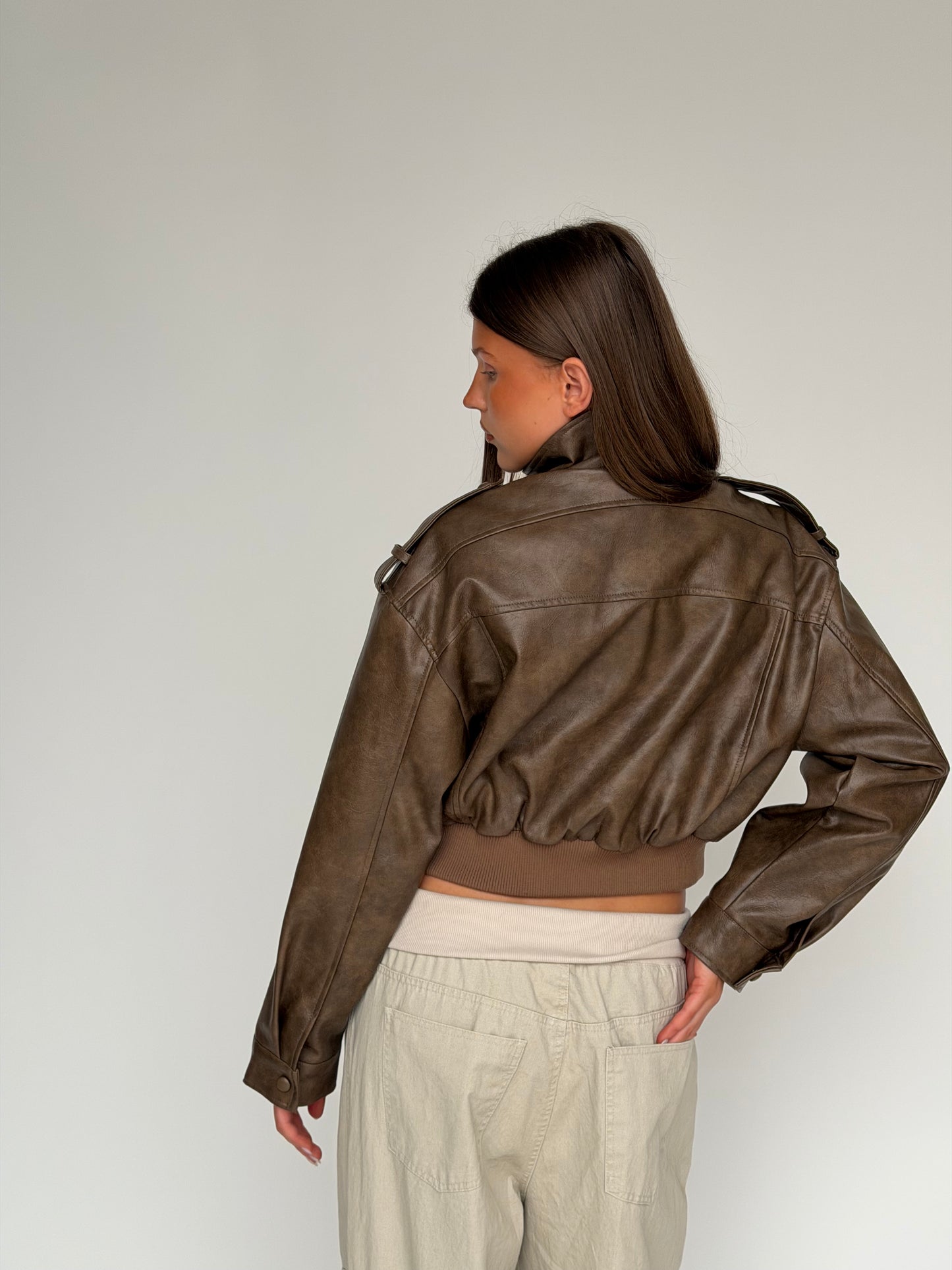 Cropped Front Pocket Detail Jacket Brown