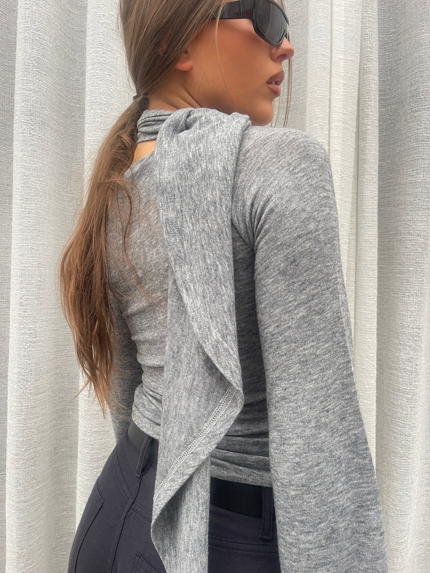 Wrapped Scarf Detail Top Grey