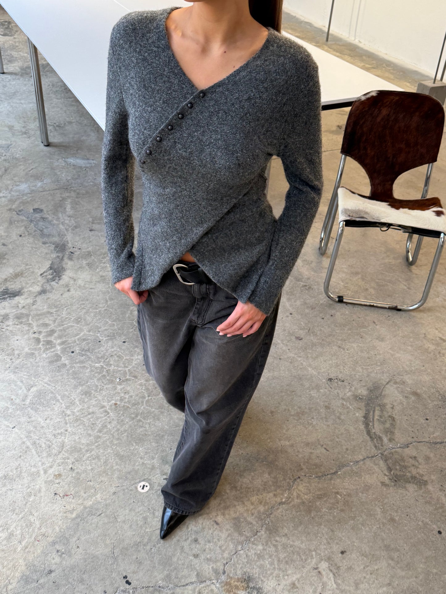 Wrapped Buttoned Knit Dark Grey