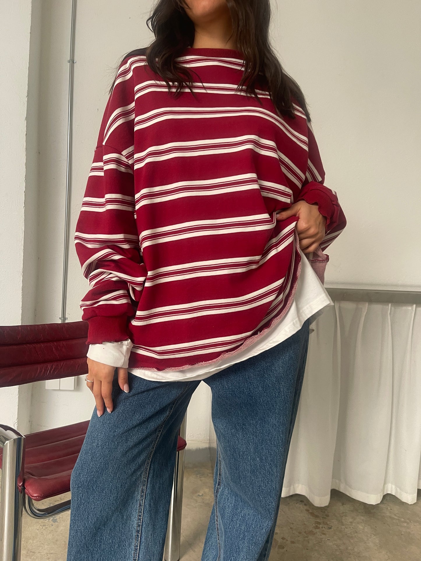 Ruffled Oversized Striped Sweatshirt Cherry Red
