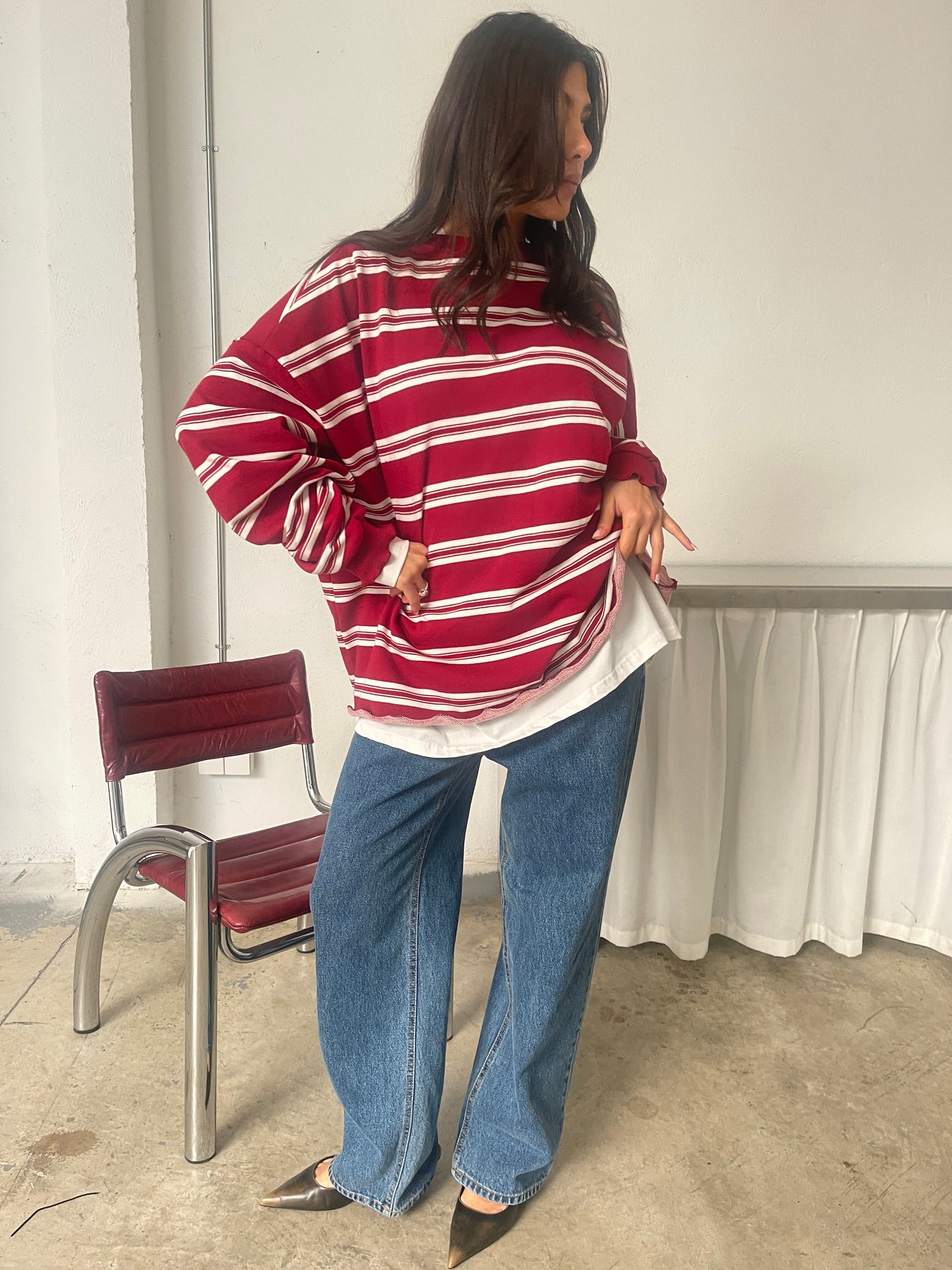 Ruffled Oversized Striped Sweatshirt Cherry Red
