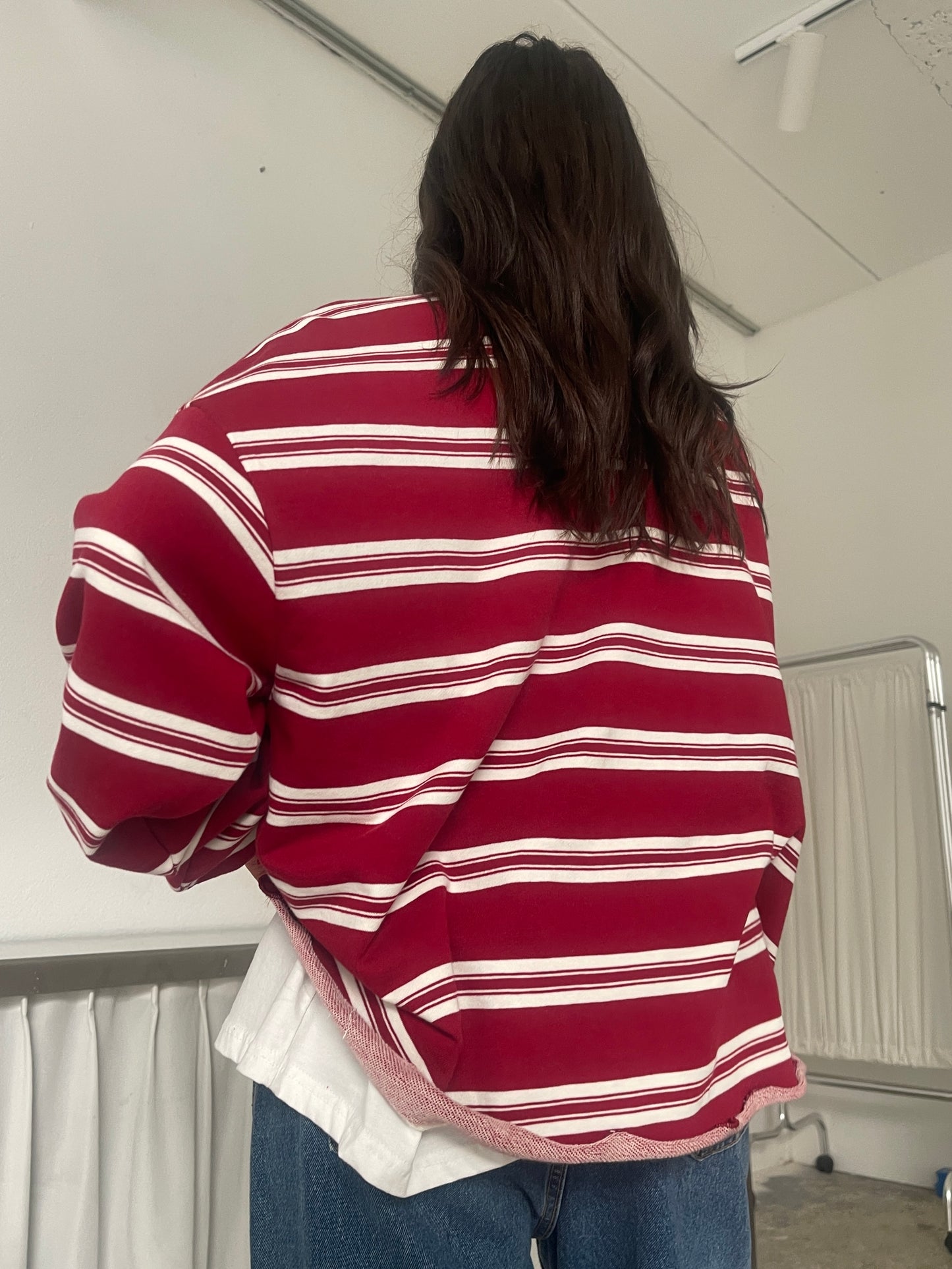 Ruffled Oversized Striped Sweatshirt Cherry Red