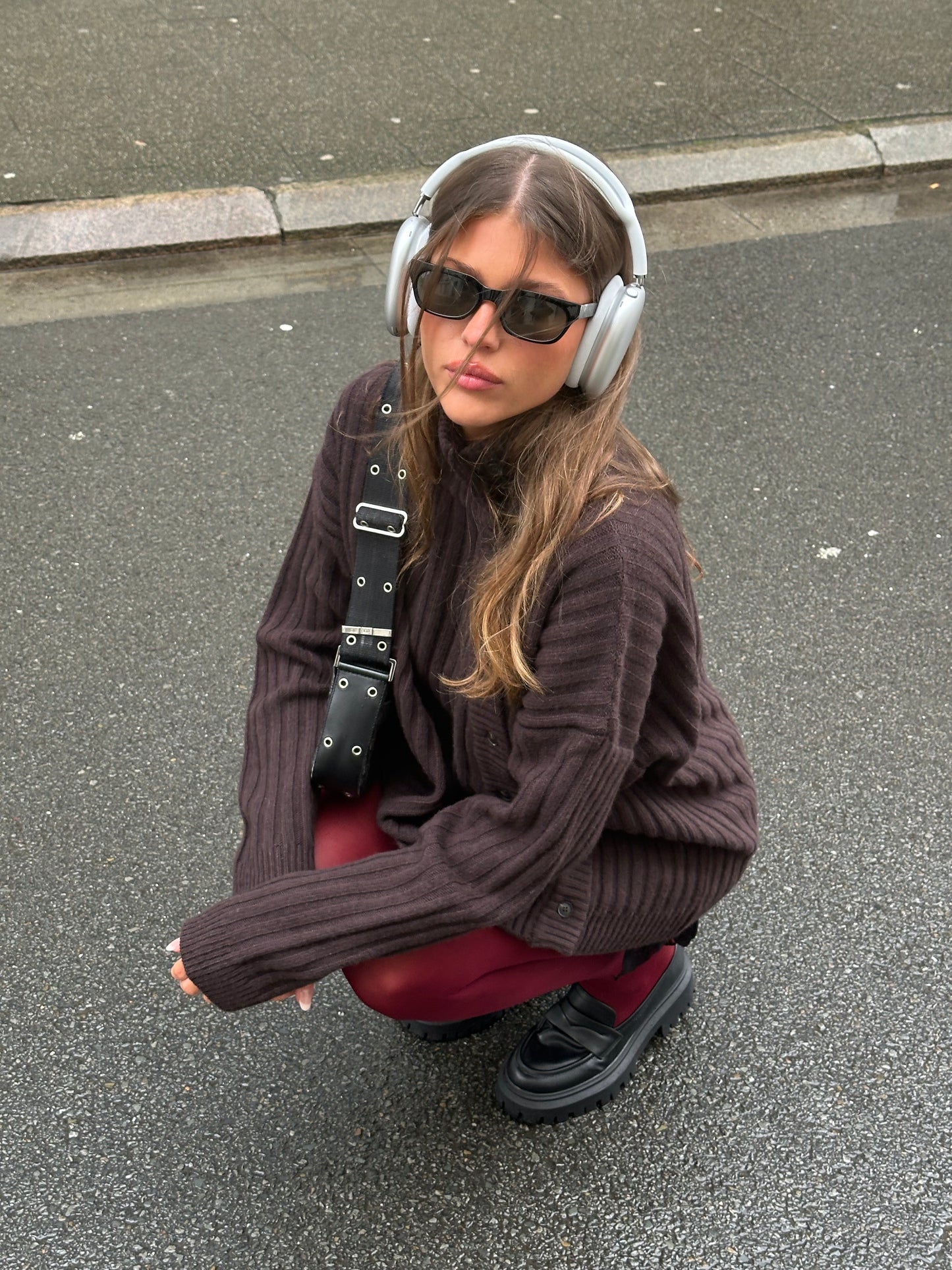 Buttoned Turtleneck Cashmere Blend Knit Brown