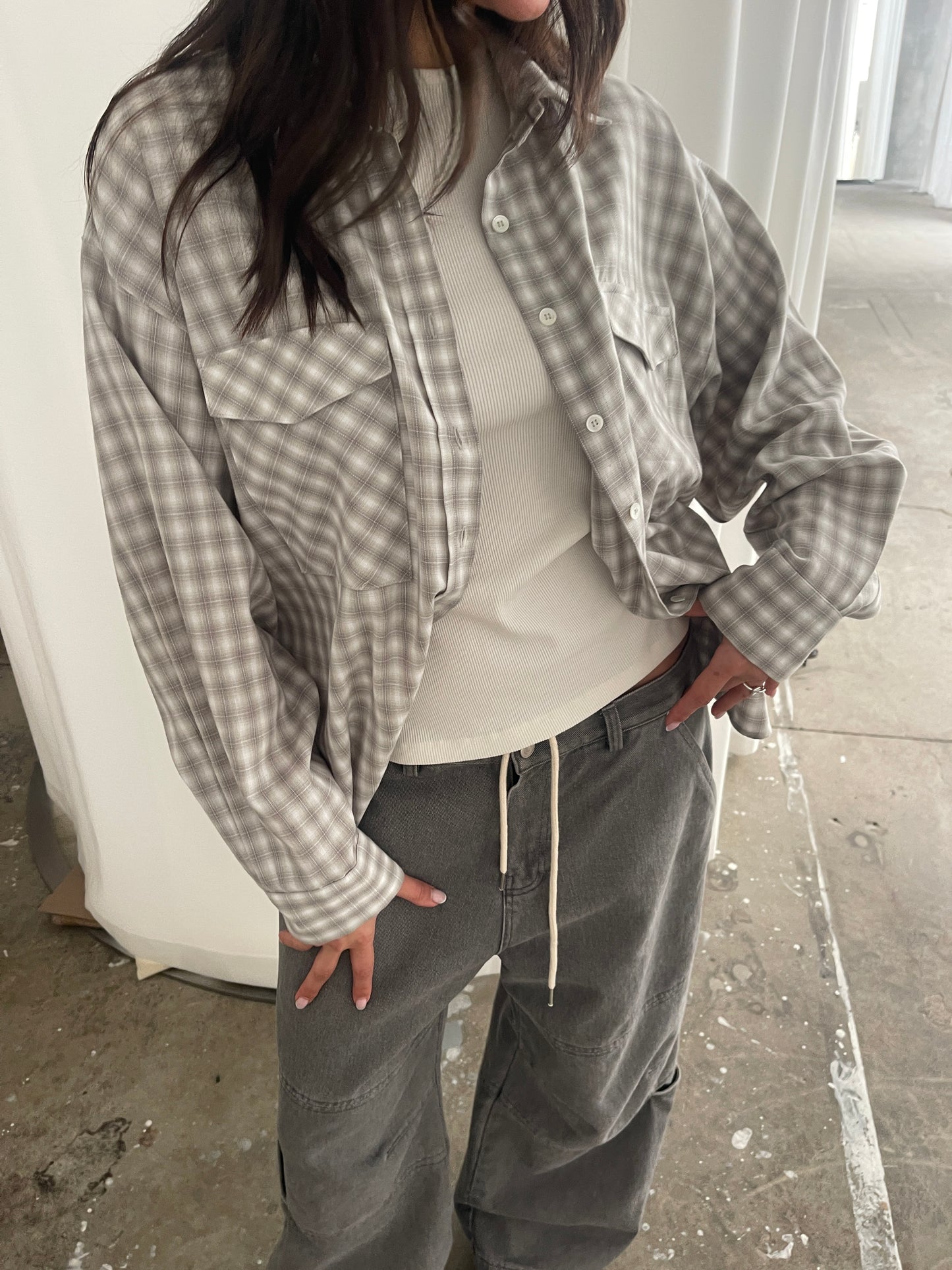 Loose Checked Pocket Shirt Sage Green