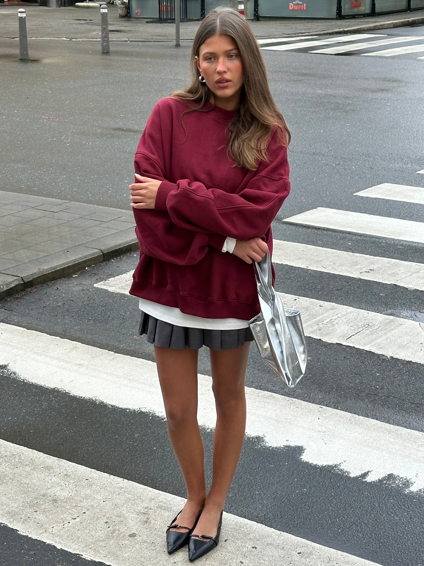 Basic Round Collar Oversized Sweater Burgundy