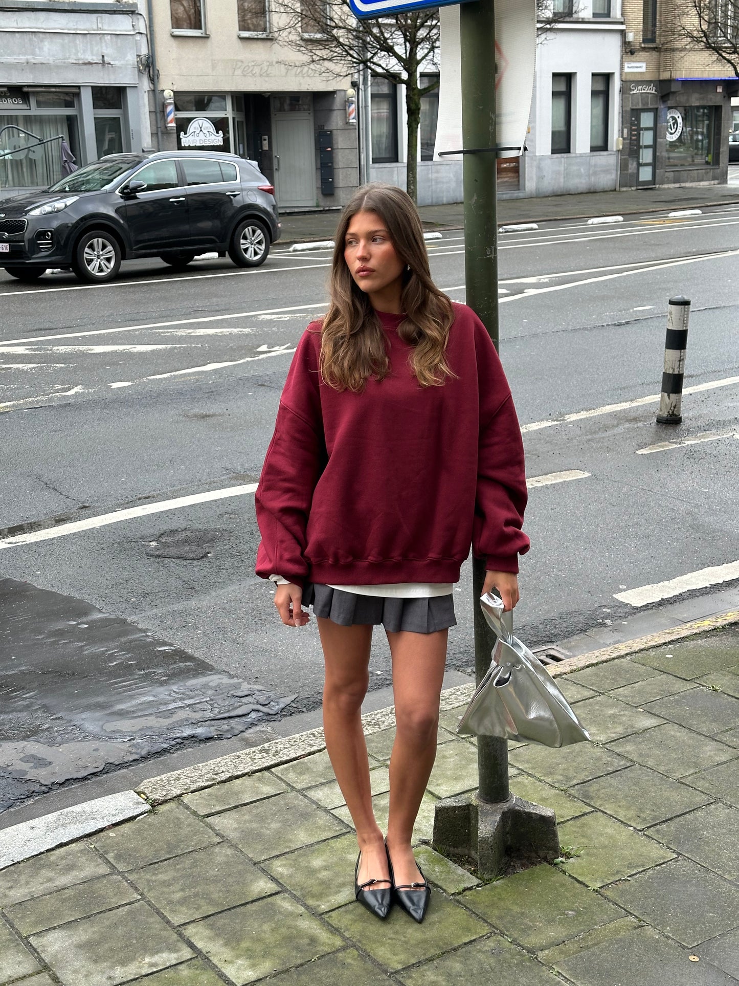 Basic Round Collar Oversized Sweater Burgundy