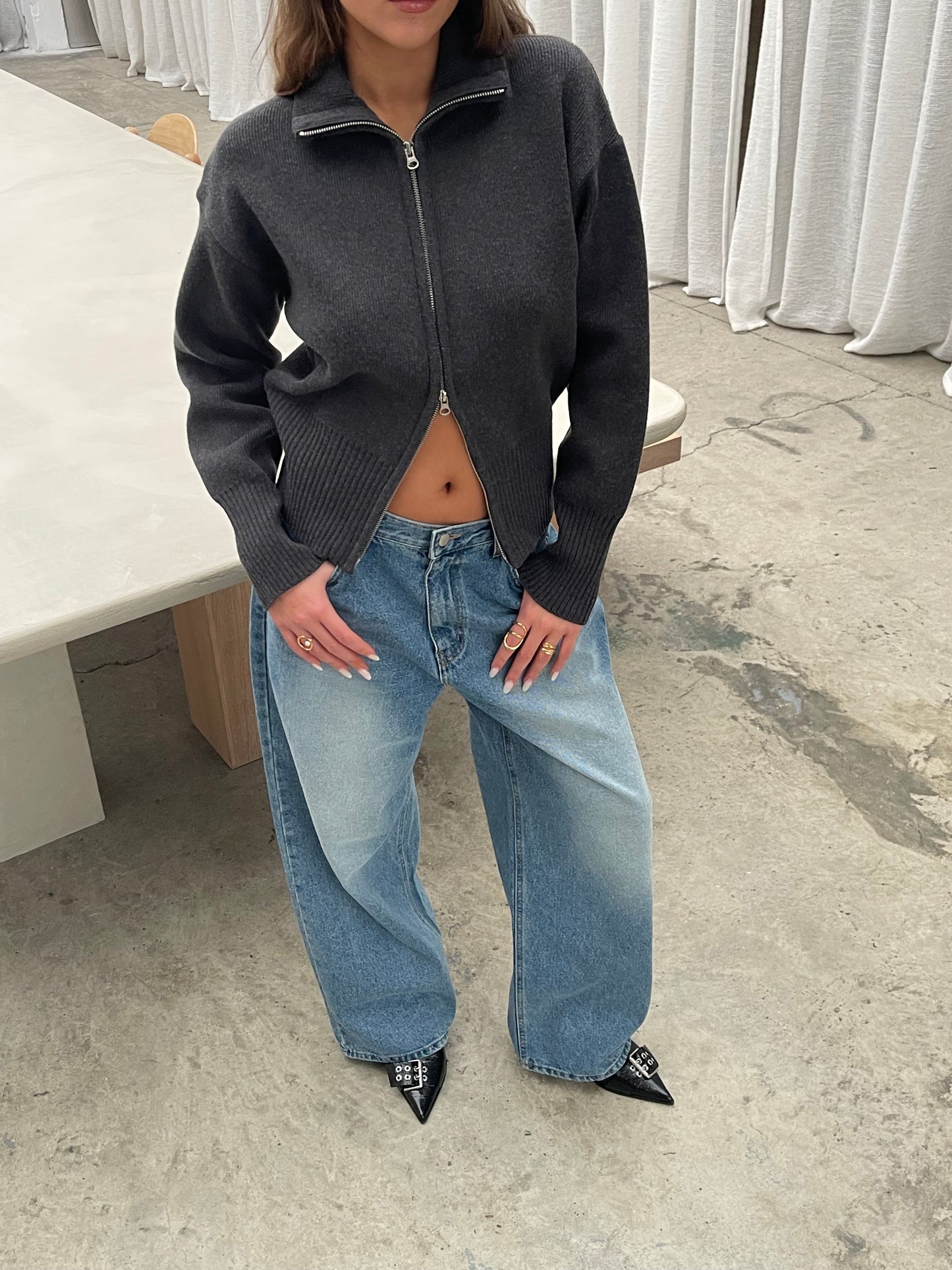 Two Way Zip Cardigan Grey