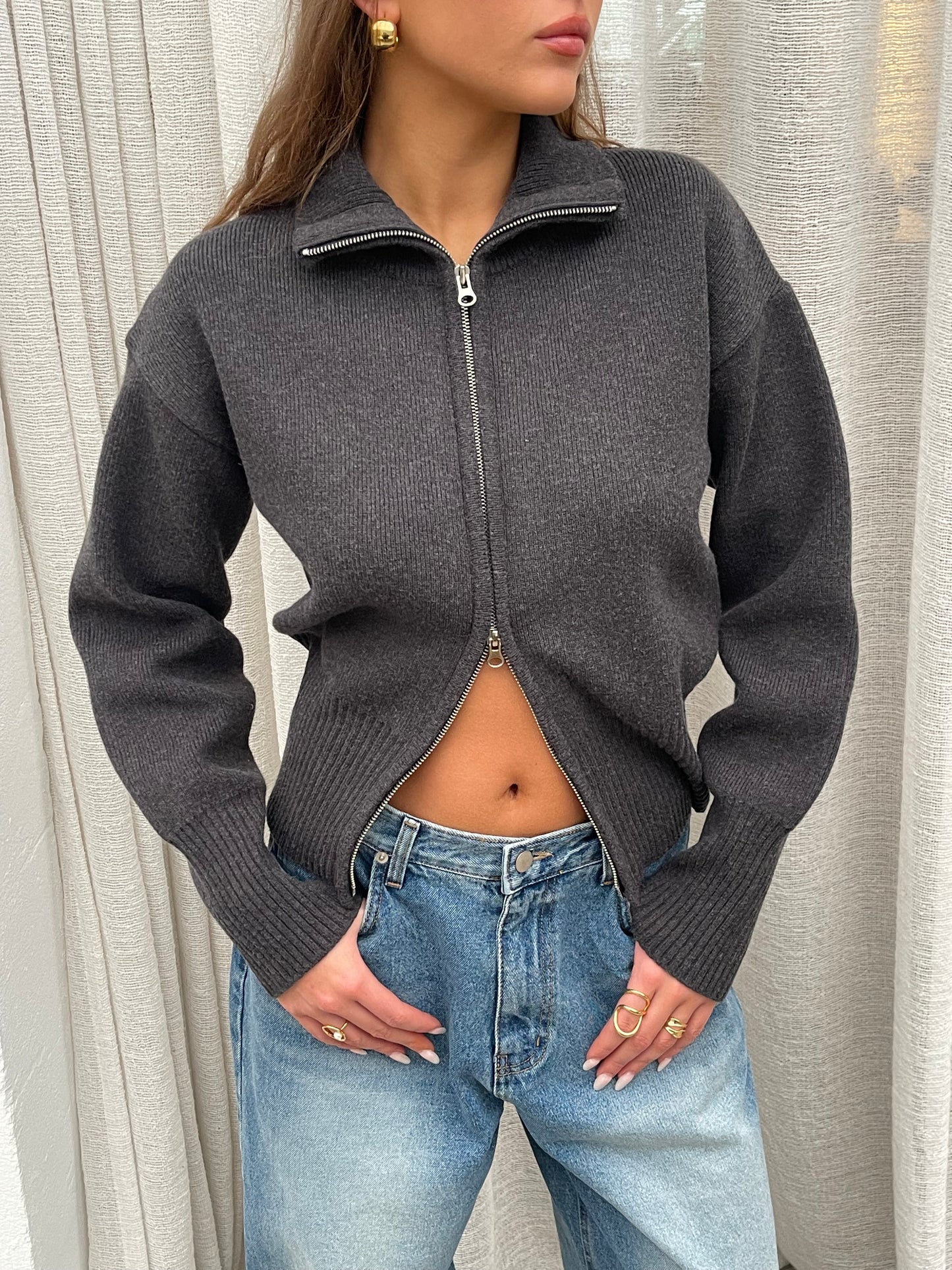 Two Way Zip Cardigan Grey